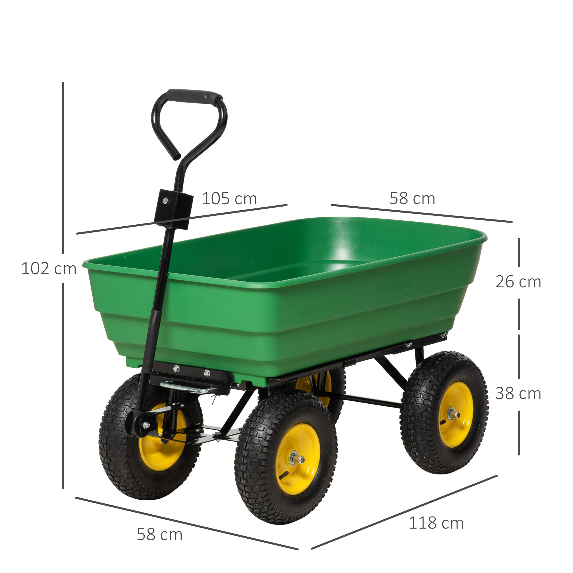 Outsunny 125 Litre Large Garden Cart Heavy Duty 4 Wheel Trolley Dump Wheelbarrow Tipping Truck Trailer - Green - North Peak Garden Furniture