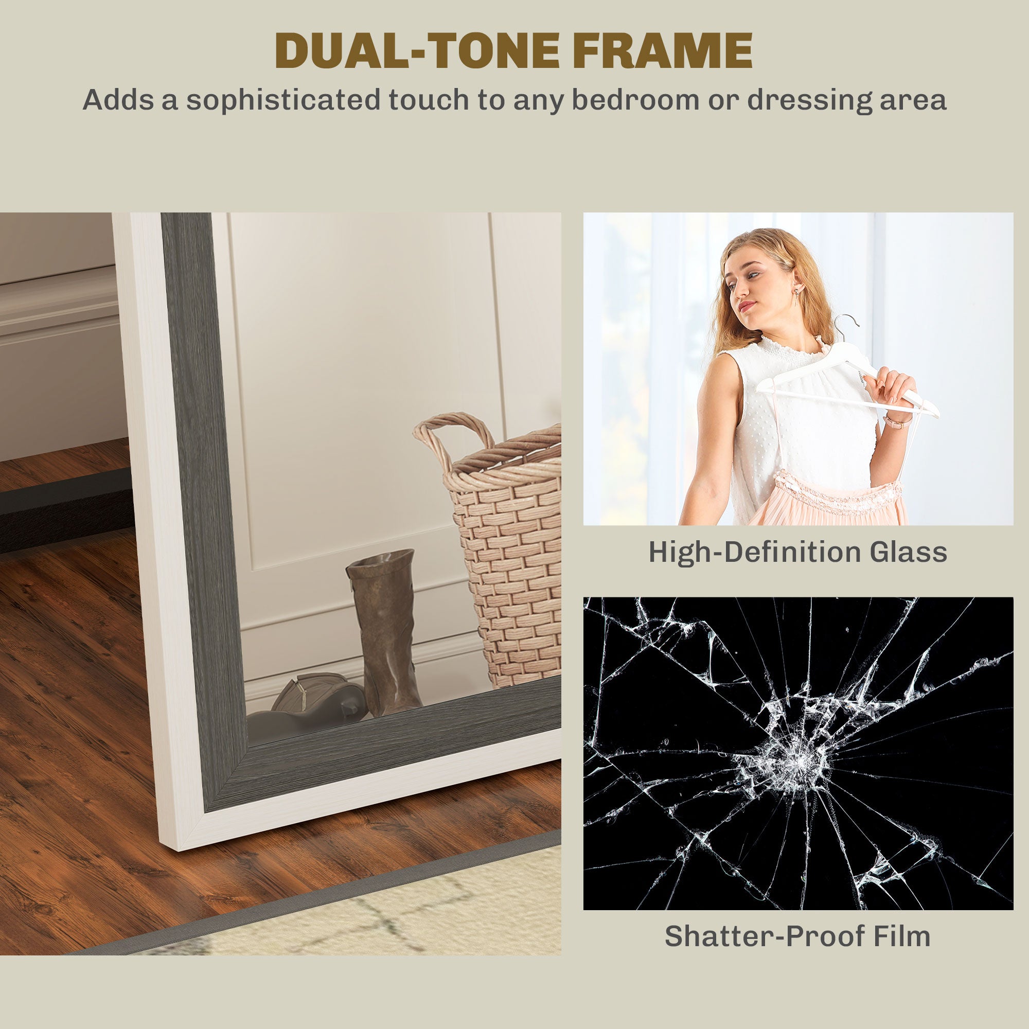 HOMCOM 162.6 cm Two-Tone Full Length Mirror - White/Grey-Tone - North Peak Garden Furniture
