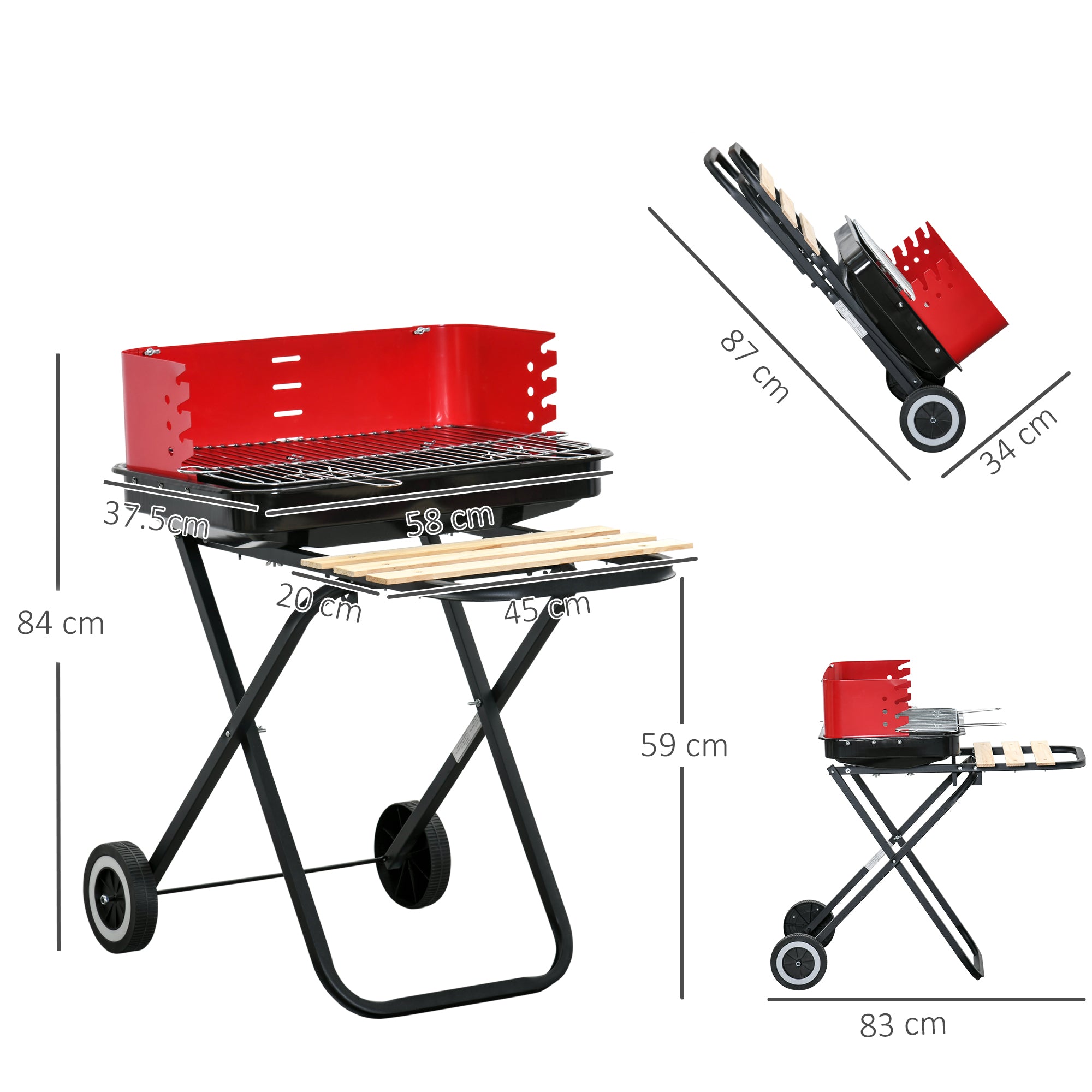 Outsunny Charcoal Trolley BBQ Barbecue Grill Patio Camping Picnic Garden Party Outdoor Cooking with Windshield, Wheels Side Trays, Black/Red - North Peak Garden Furniture