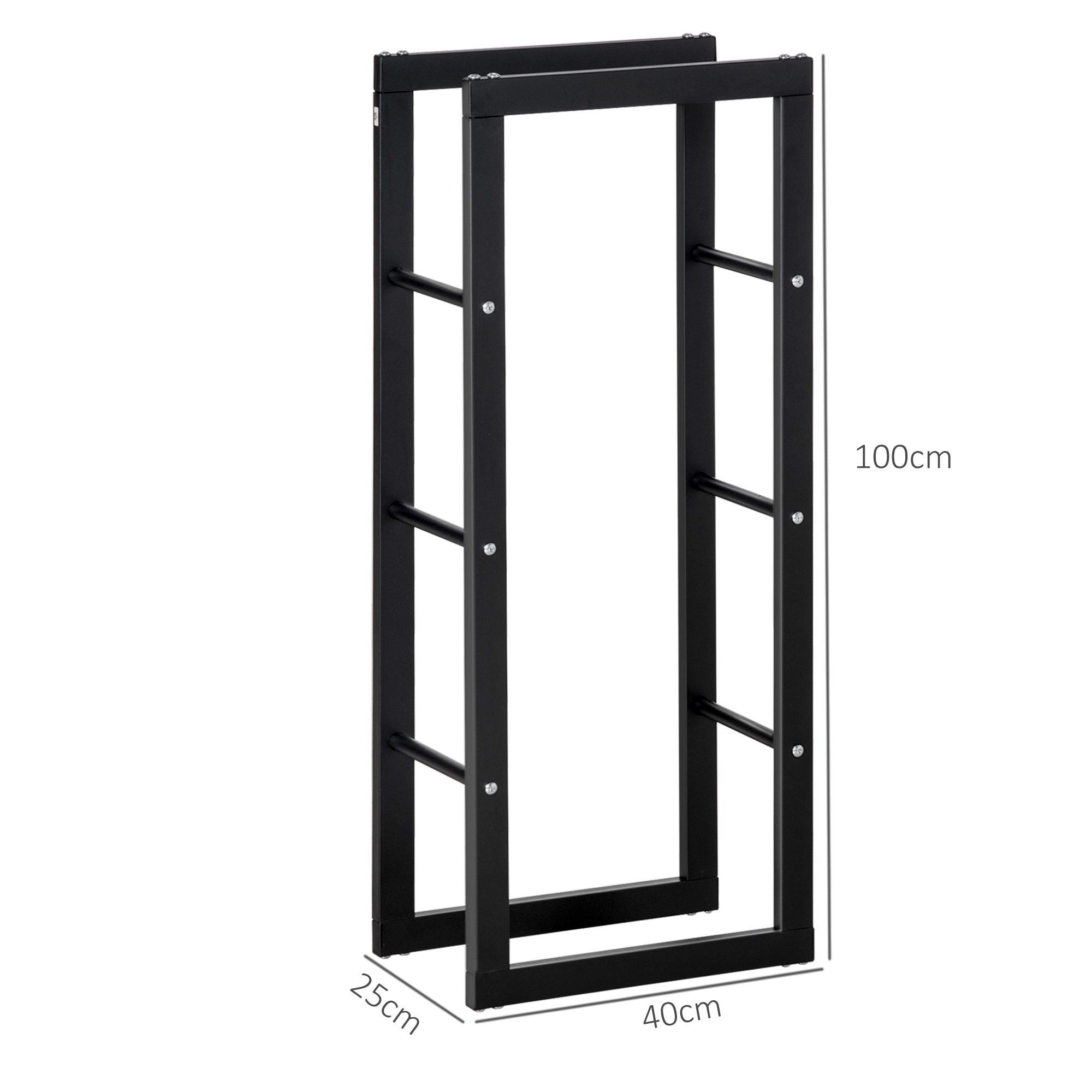 HOMCOM Metal Firewood Log Holder Tall Firewood Rack Indoor Outdoor Fireplace Wood Storage Shelf with Side Rails, Rust-Resistant, Black, 40W x 25D x 100H cm - North Peak Garden Furniture