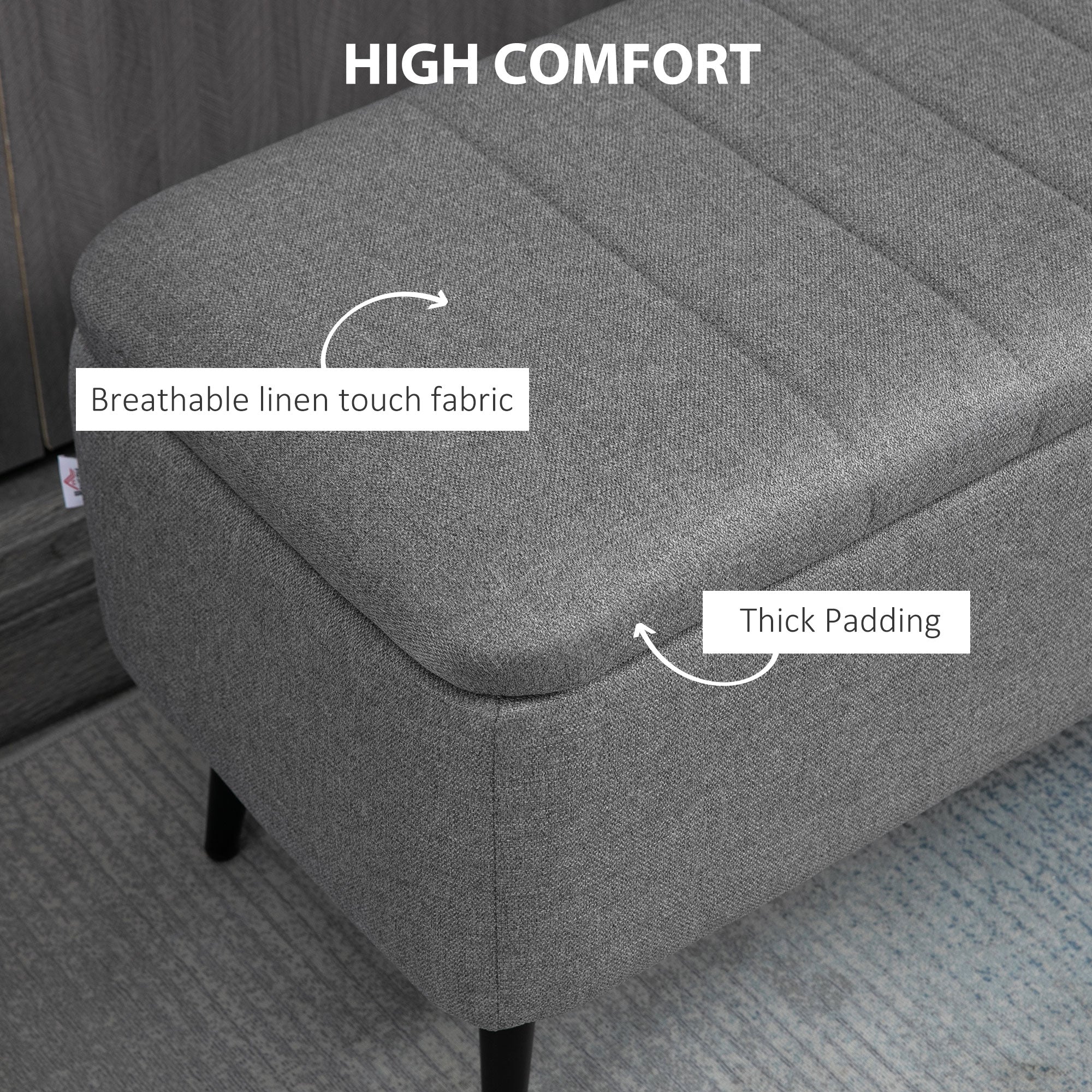 HOMCOM Storage Ottoman with Flip Top, Rectangular Upholstered Bench, Linen Fabric Footstool with Steel Legs for Living Room, Bedroom, Grey - North Peak Garden Furniture