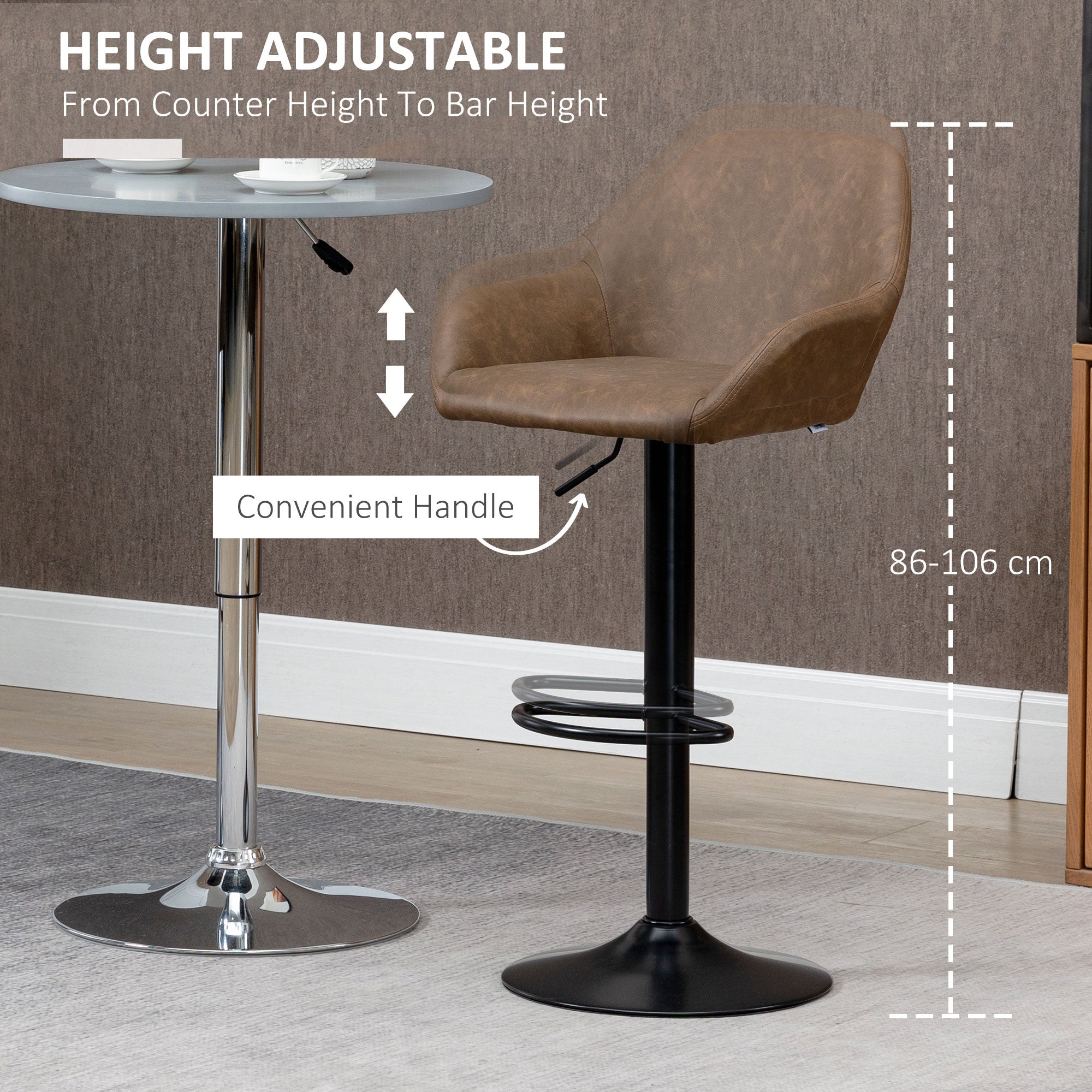 HOMCOM Adjustable Bar Stools Set of 2, Swivel Barstools with Footrest and Backrest, PU Leather and Steel Base, for Kitchen Counter and Dining Room, Dark Brown - North Peak Garden Furniture
