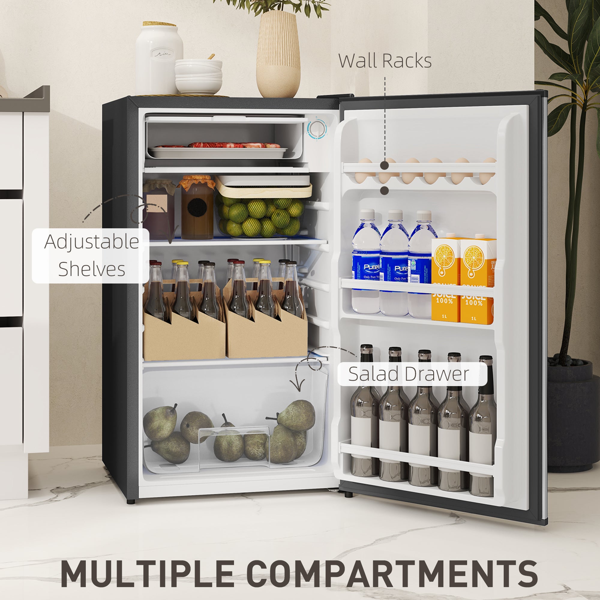 HOMCOM 91 Litre Freestanding Under Counter Fridge Freezer, Small Fridge with Chiller Box, Adjustable Thermostat, 47.5cm Wide, Silver Tone - North Peak Garden Furniture
