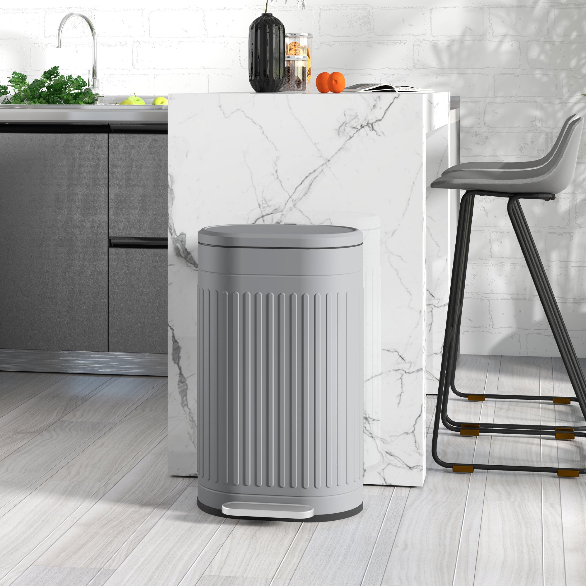 HOMCOM 30 Litre Pedal Bin, Fingerprint Proof Kitchen Bin with Soft-close Lid, Metal Rubbish Bin with Foot Pedal and Removable Inner Bucket, Grey - North Peak Garden Furniture