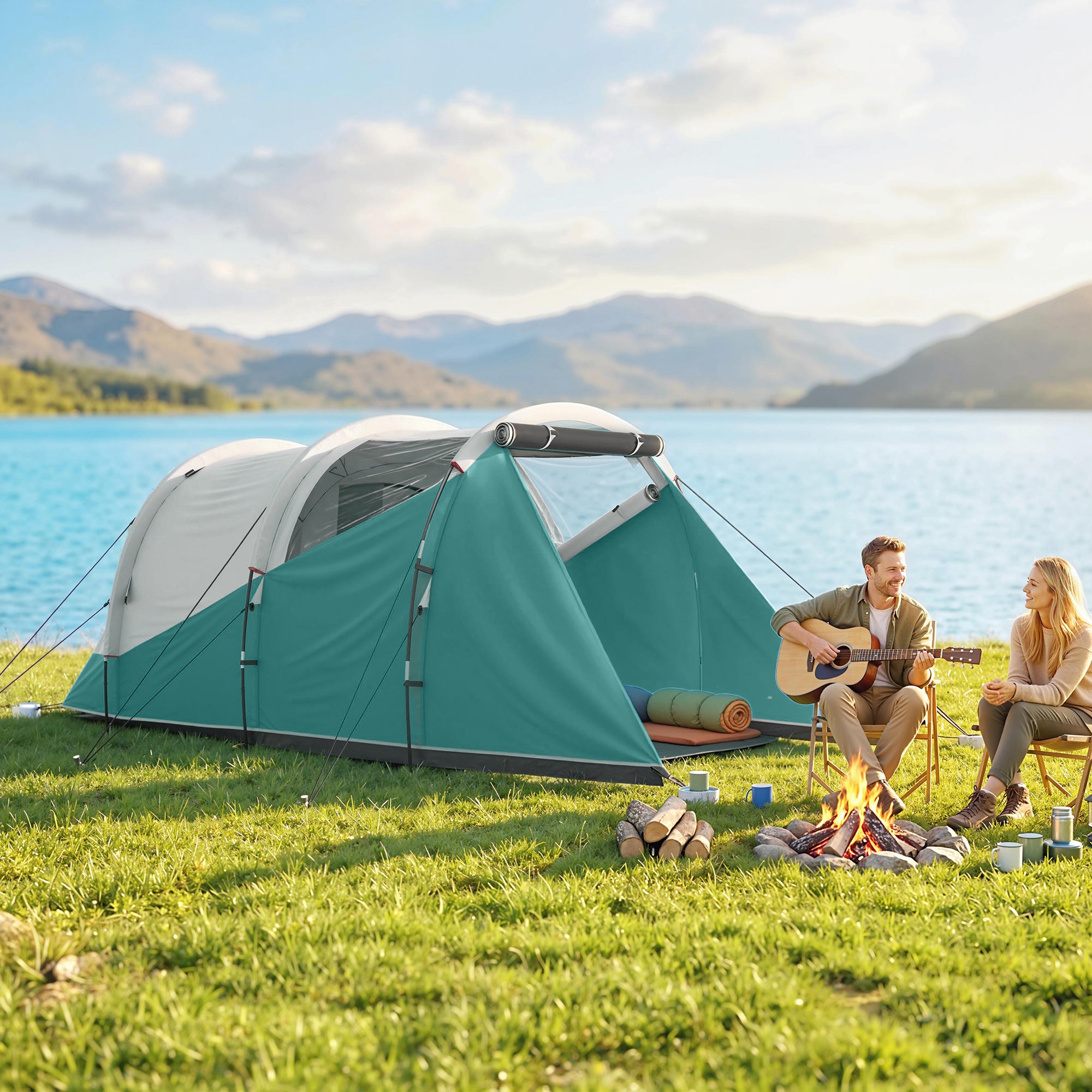 Outsunny Three-Man, 3000mm Water-Resistant Two-Room Tunnel Tent - Green