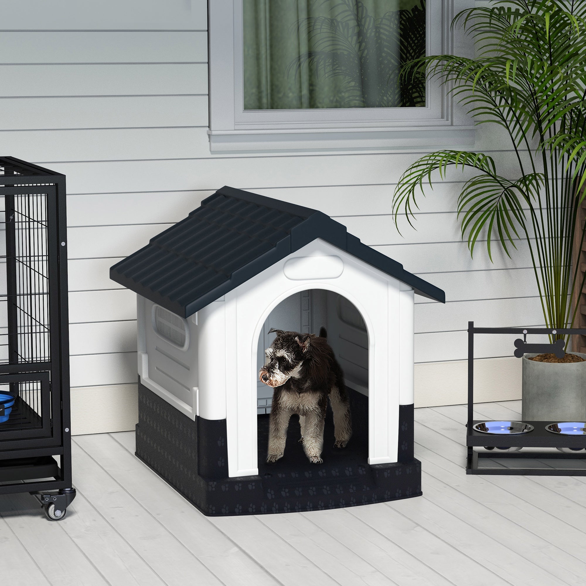 PawHut Plastic Dog Kennel with Windows, for Garden Patio, Miniature and Small Dogs, 80 x 69 x 76cm - Grey - North Peak Garden Furniture