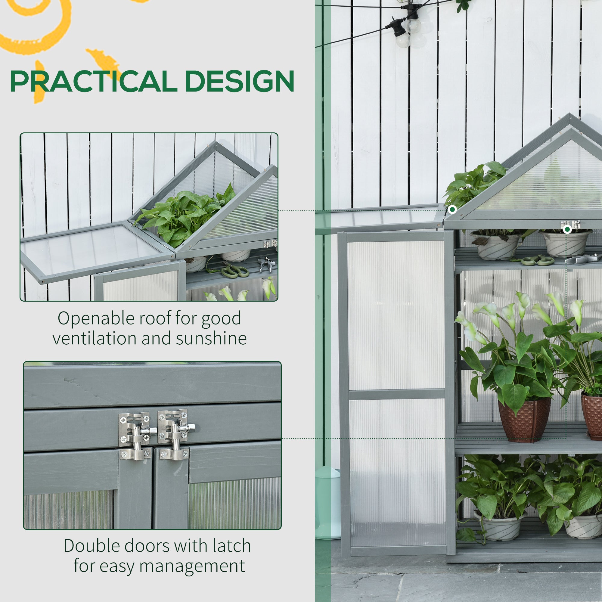 Outsunny Garden Cold Frame Polycarbonate Greenhouse with Adjustable Shelves, Double Doors, Openable Top Covers, Grow House for Flower Vegetable Plants, 80 x 47 x 138cm, Grey - North Peak Garden Furniture