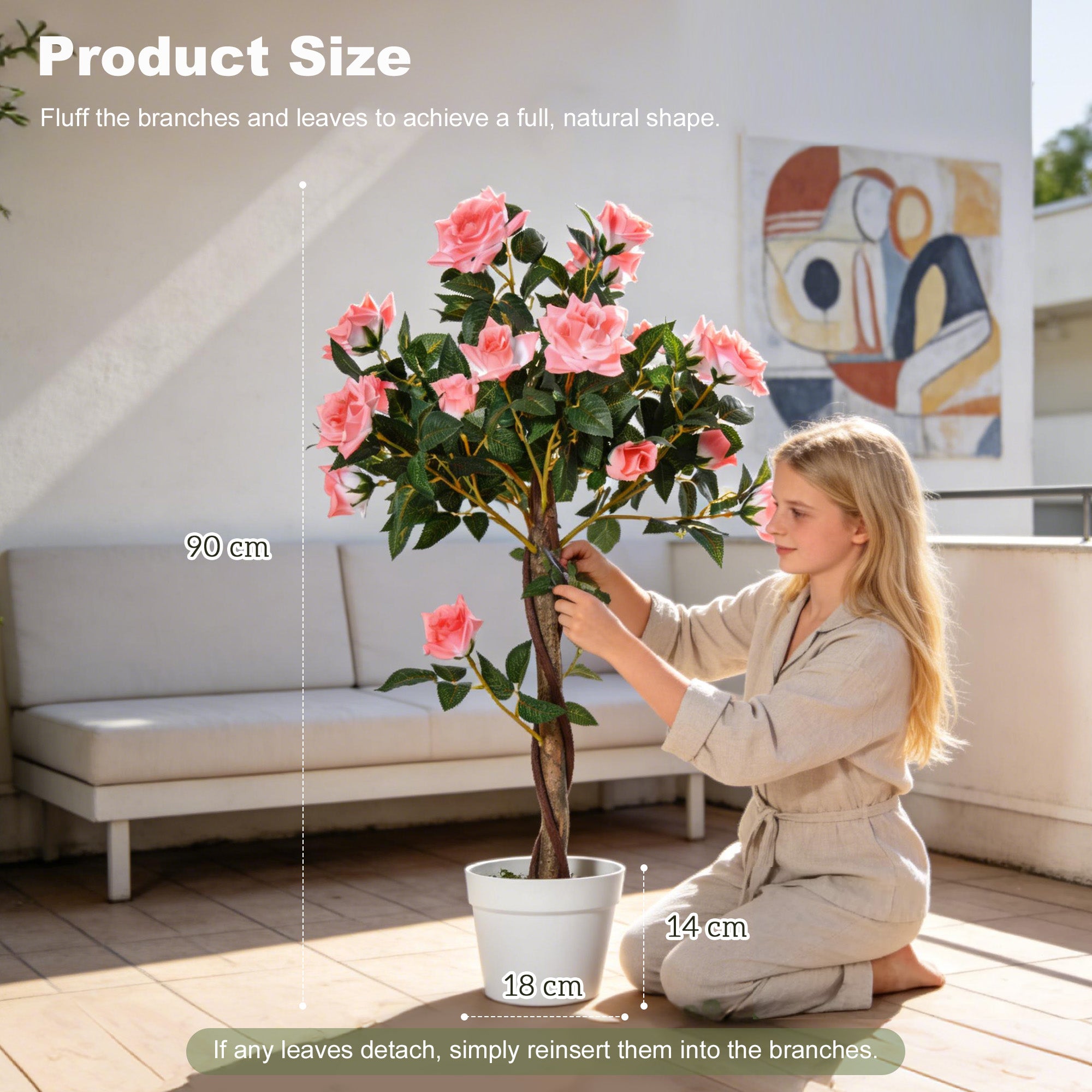 Outsunny Artificial Plants Pink Rose Floral in Pot, Fake Plants for Home Indoor Outdoor Decor, 90cm