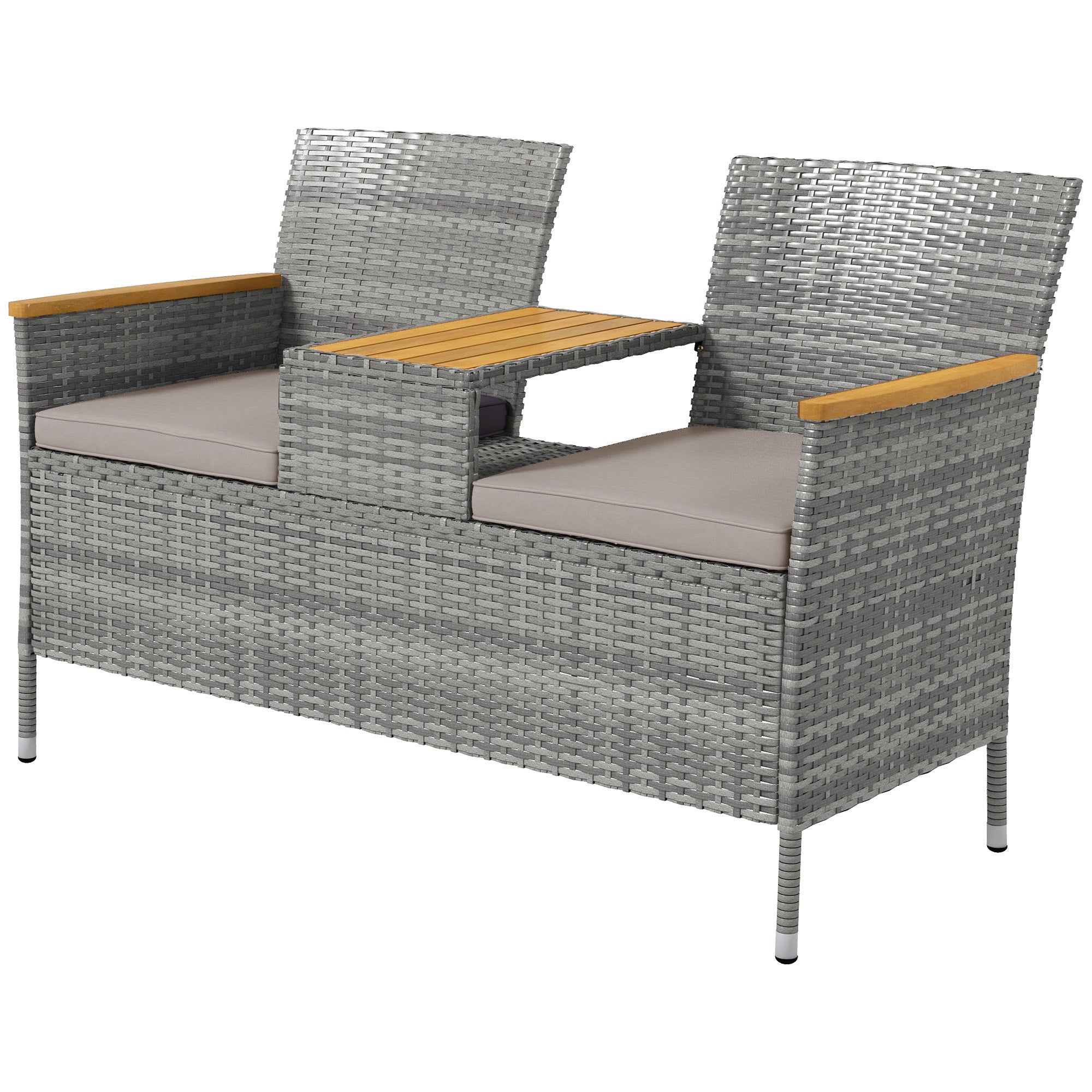 Outsunny Two-Seat Rattan Loveseat, with Wood-Top Middle Table - Grey