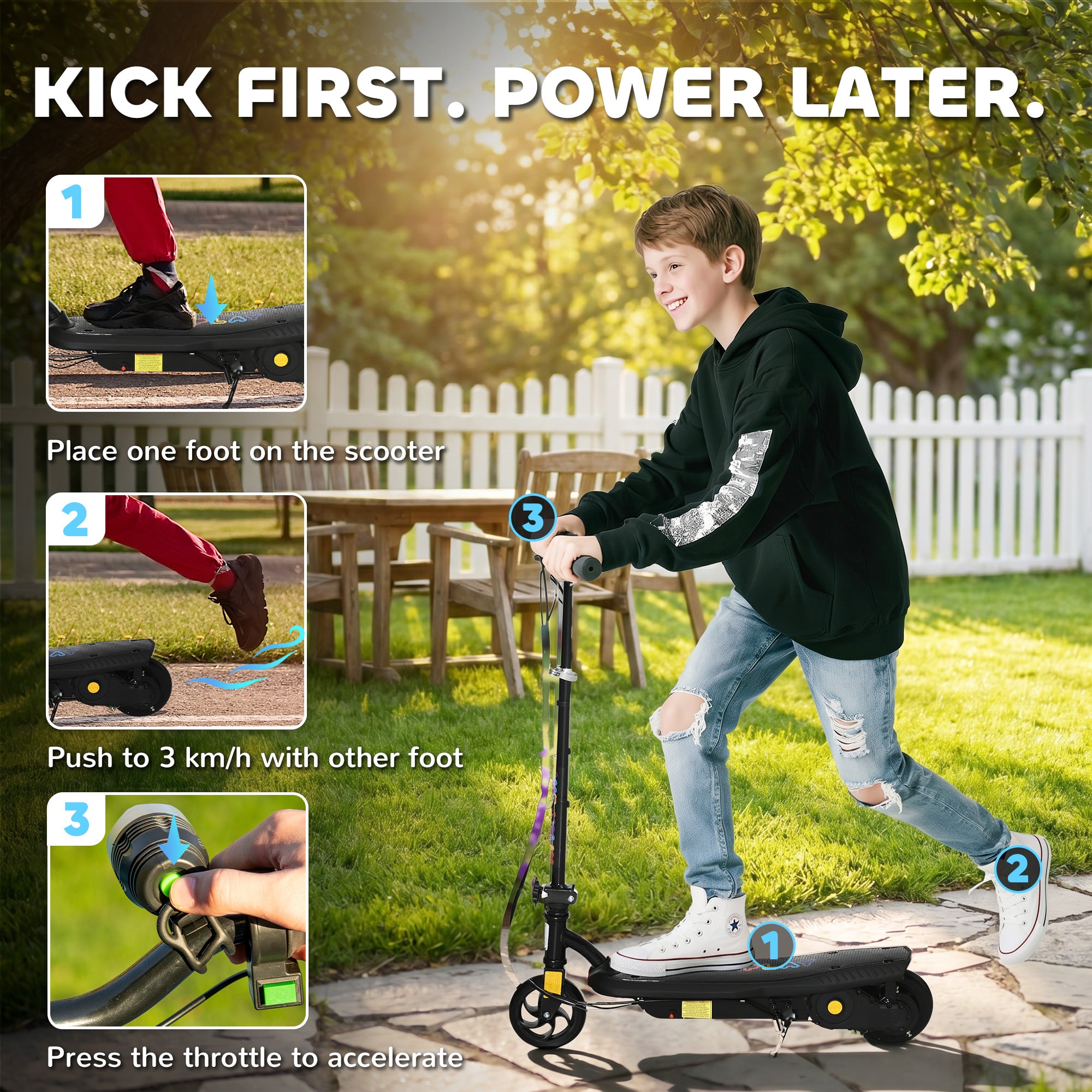 HOMCOM Foldable Electric Scooter, with LED Lights, for Ages 7-14 Years, Black