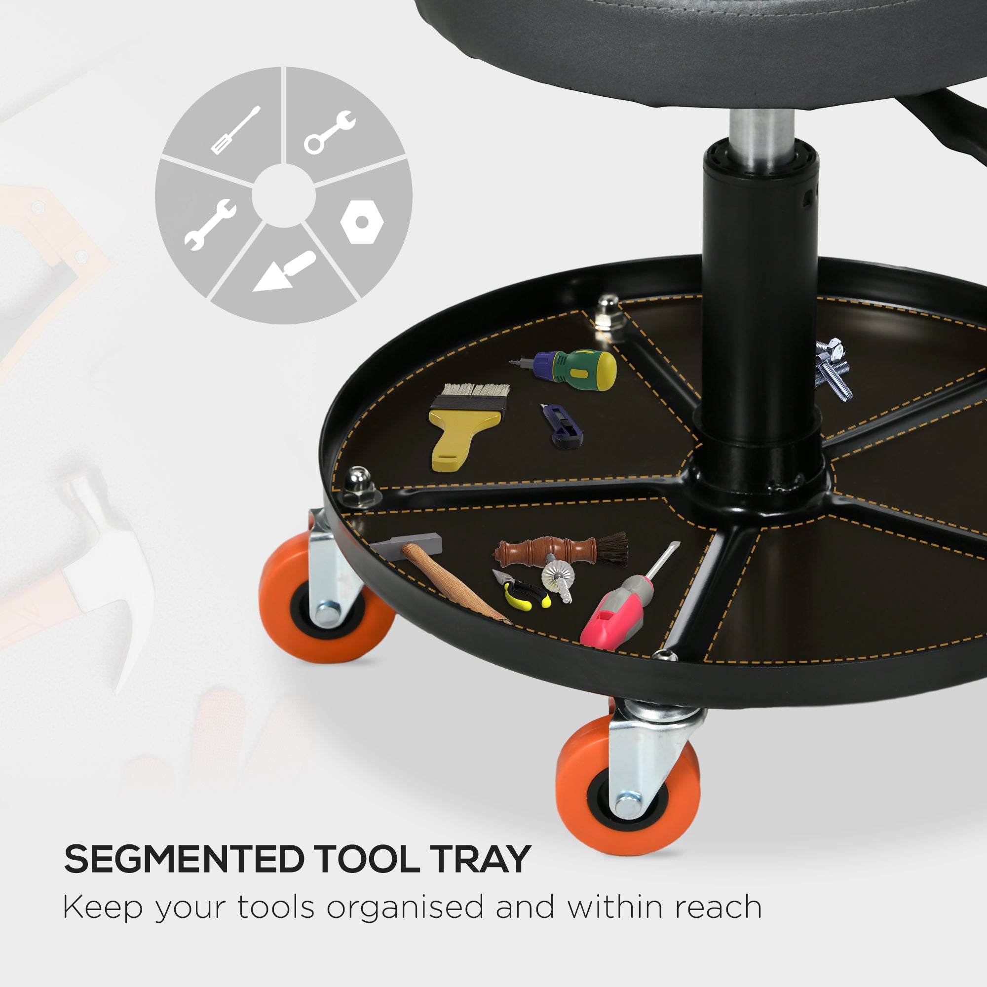 HOMCOM Workshop Stool, Pneumatic Adjustable Mechanic Stool, with Tool Tray, Wheels - Black - North Peak Garden Furniture