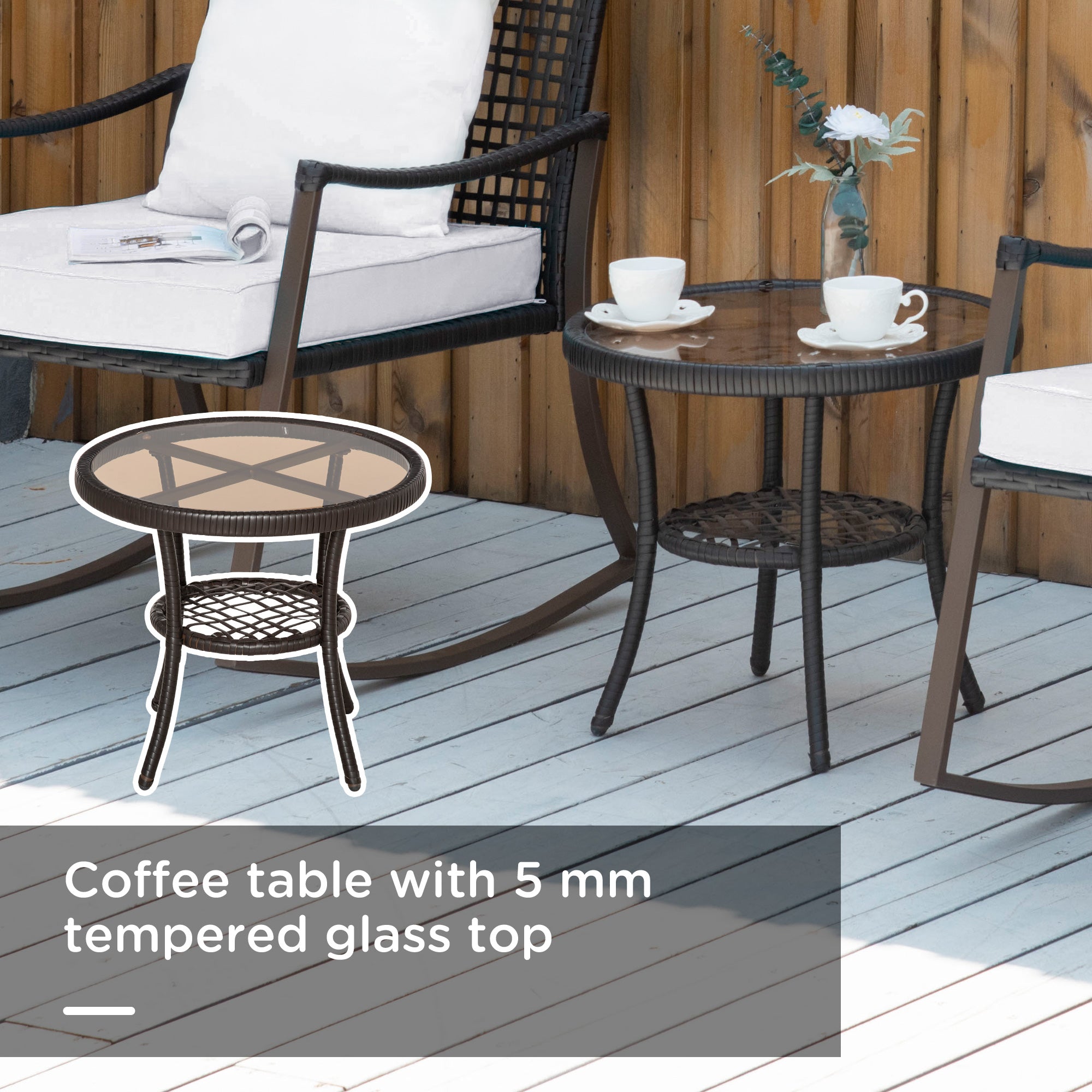 Outsunny 3 Pieces PE Rattan Garden Rocking Chair Set w/ Soft Cushion, Outdoor Rocking Bistro Set with Tempered Glass Round Coffee Table, Pillow, Brown - North Peak Garden Furniture