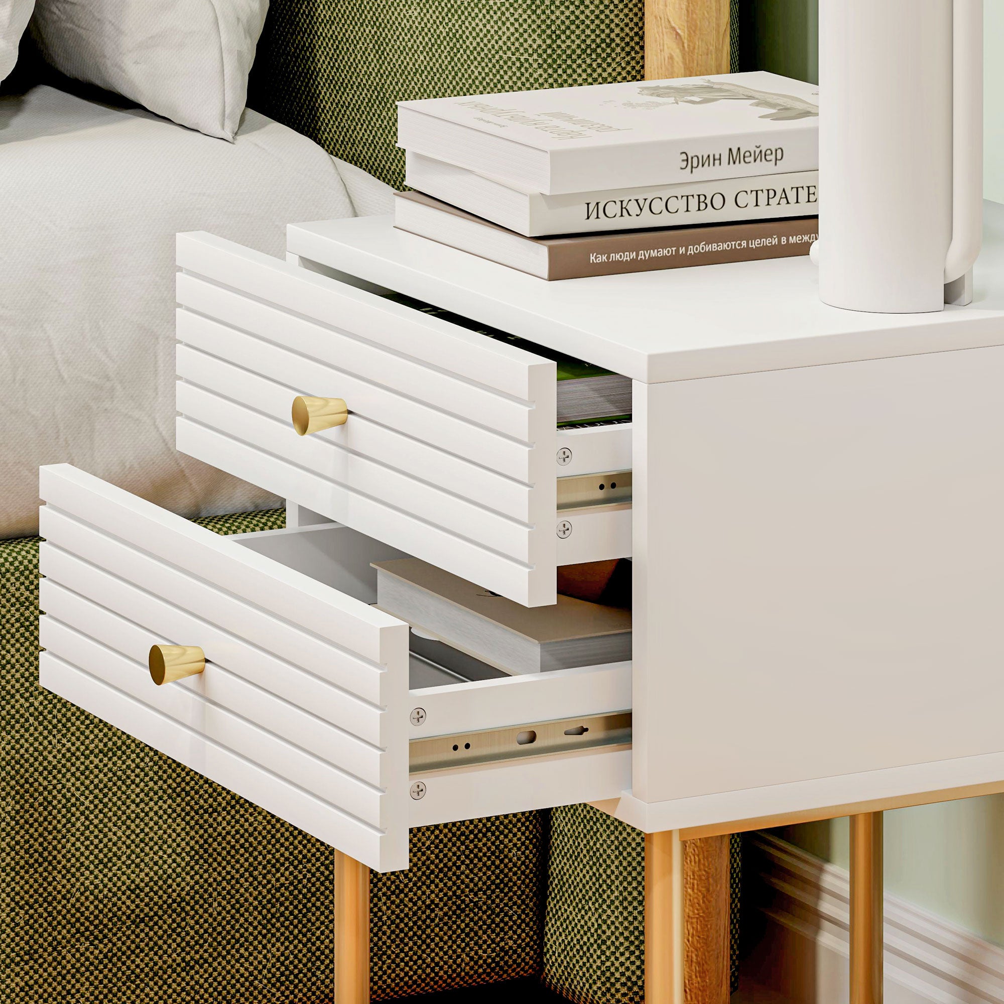 HOMCOM Set of Two Elegant Bedside Tables - White/Gold-Tone - North Peak Garden Furniture