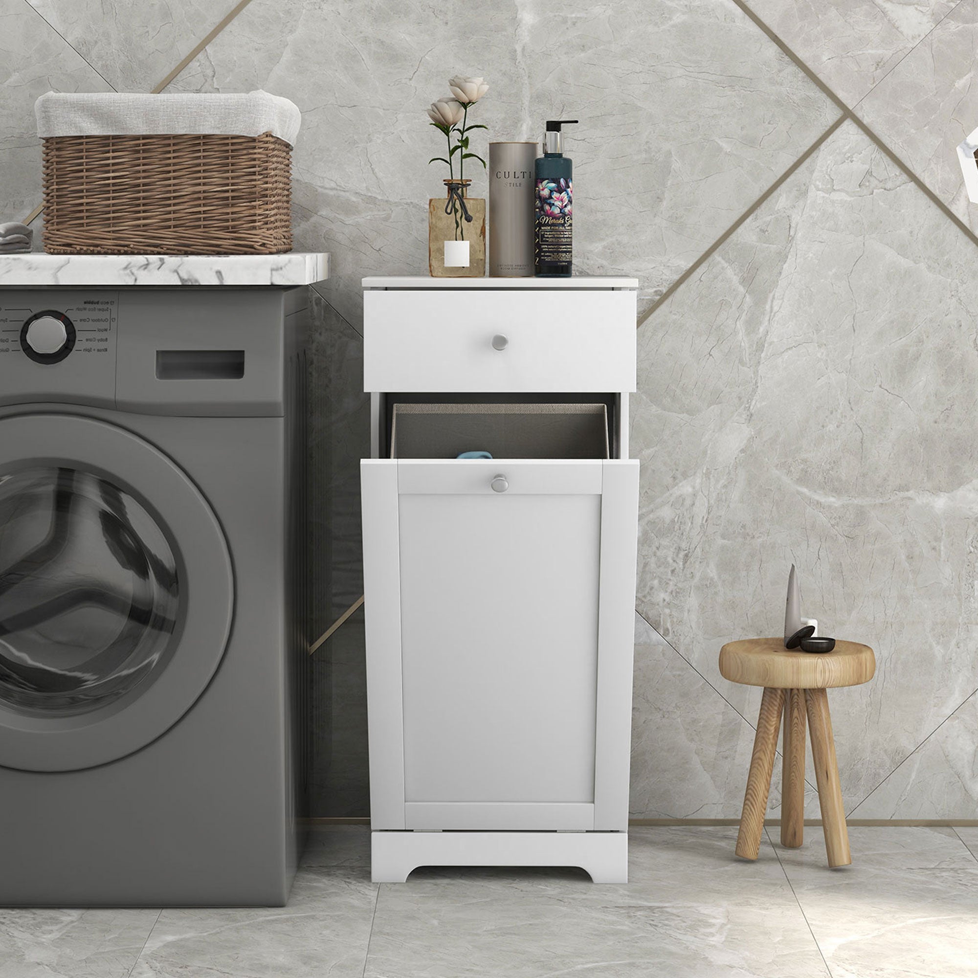 HOMCOM Single Hamper Laundry Storage Cabinet - White - North Peak Garden Furniture