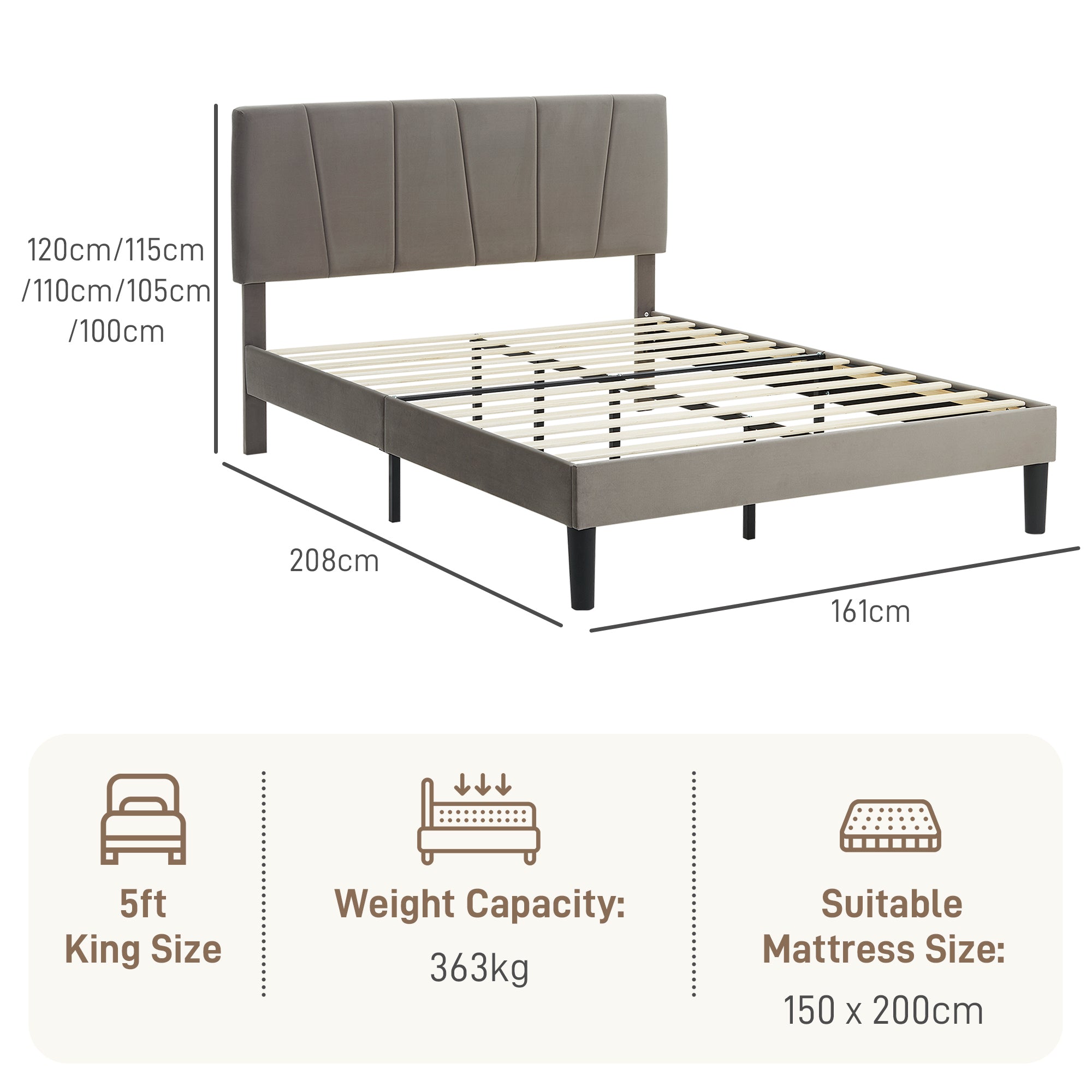 HOMCOM King Velvet-Feel Headboard Bed Frame - Grey