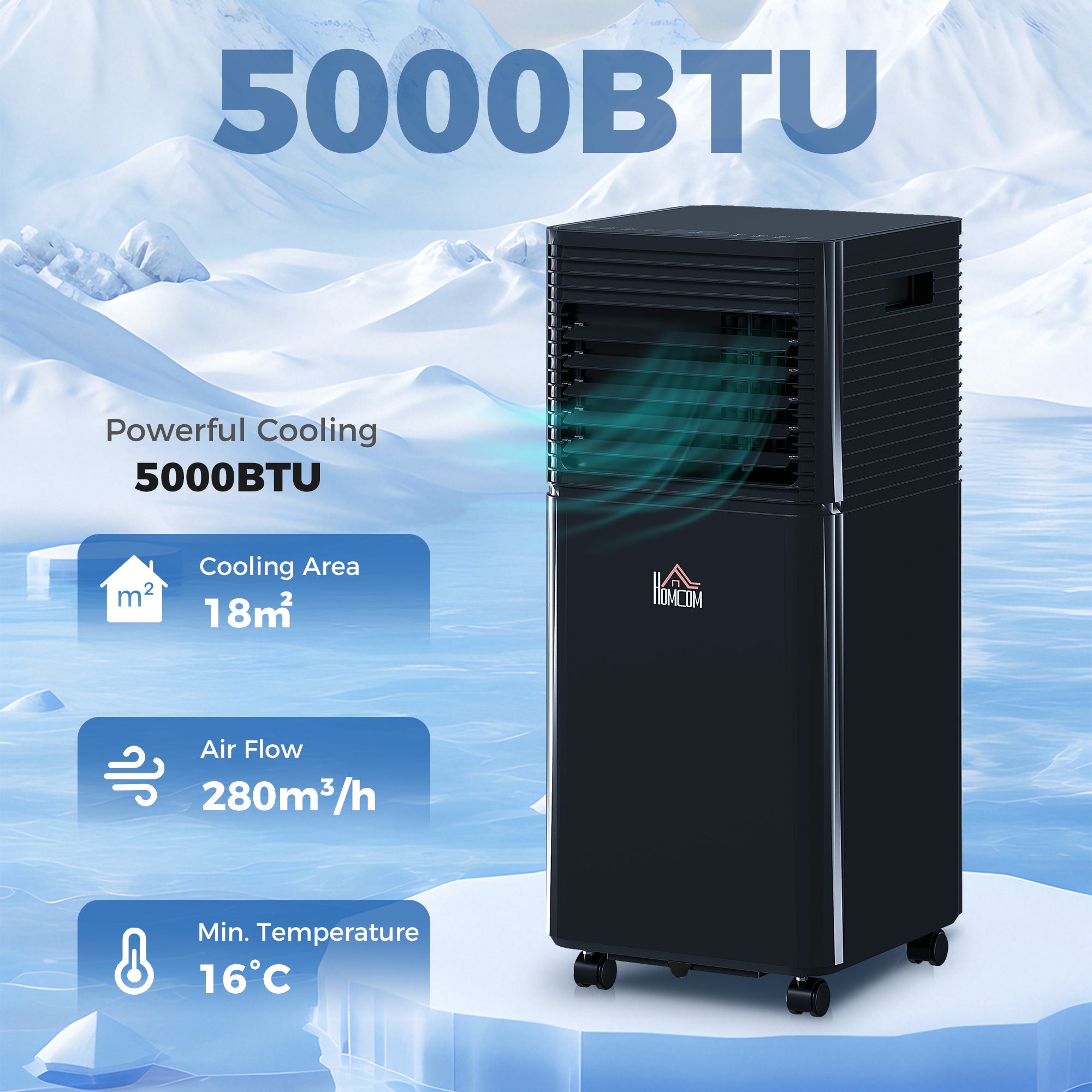 HOMCOM 5000 BTU 4-In-1 Portable Air Conditioner Unit Cooling Dehumidifying Ventilating  for Room up to 18m², with Fan, Remote, 24H Timer, Window Mount Kit, R290, A Energy Efficiency
