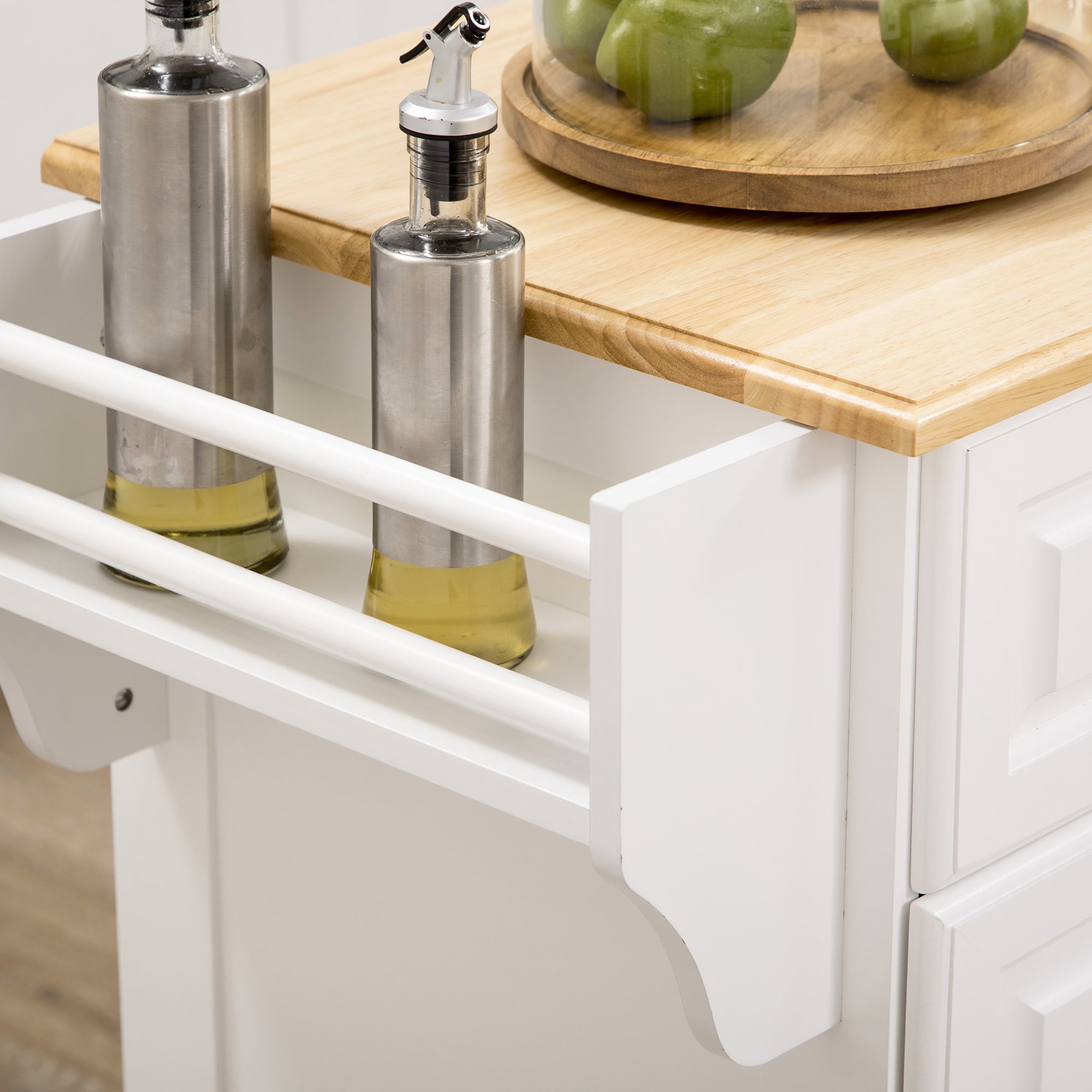 HOMCOM Kitchen Island with Storage Rolling Kitchen Serving Cart with Rubber Wood Top Towel Rack Storage Drawer Cabinet White - North Peak Garden Furniture