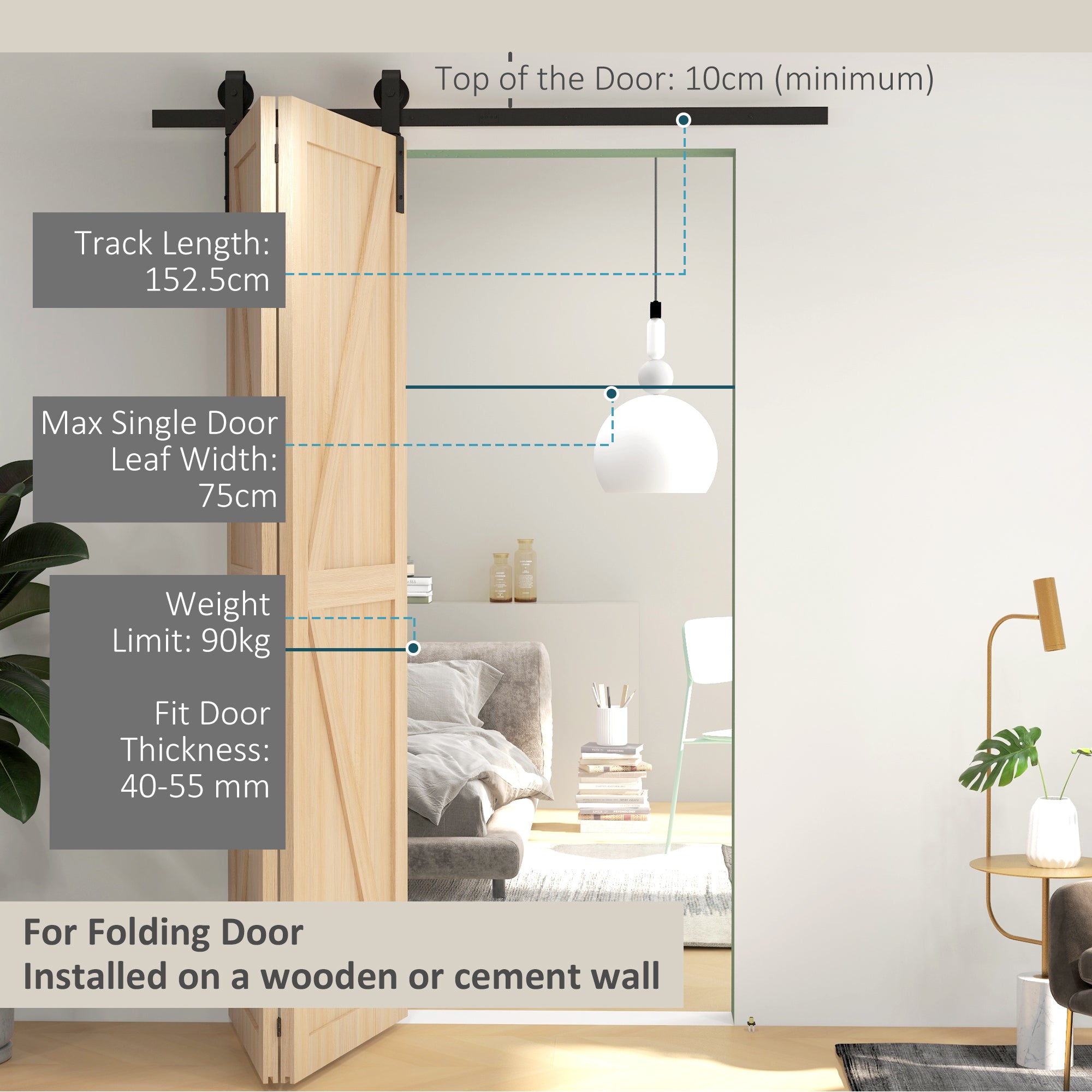 HOMCOM 5ft Bi-Folding Sliding Barn Door Hardware Kit - Black - North Peak Garden Furniture
