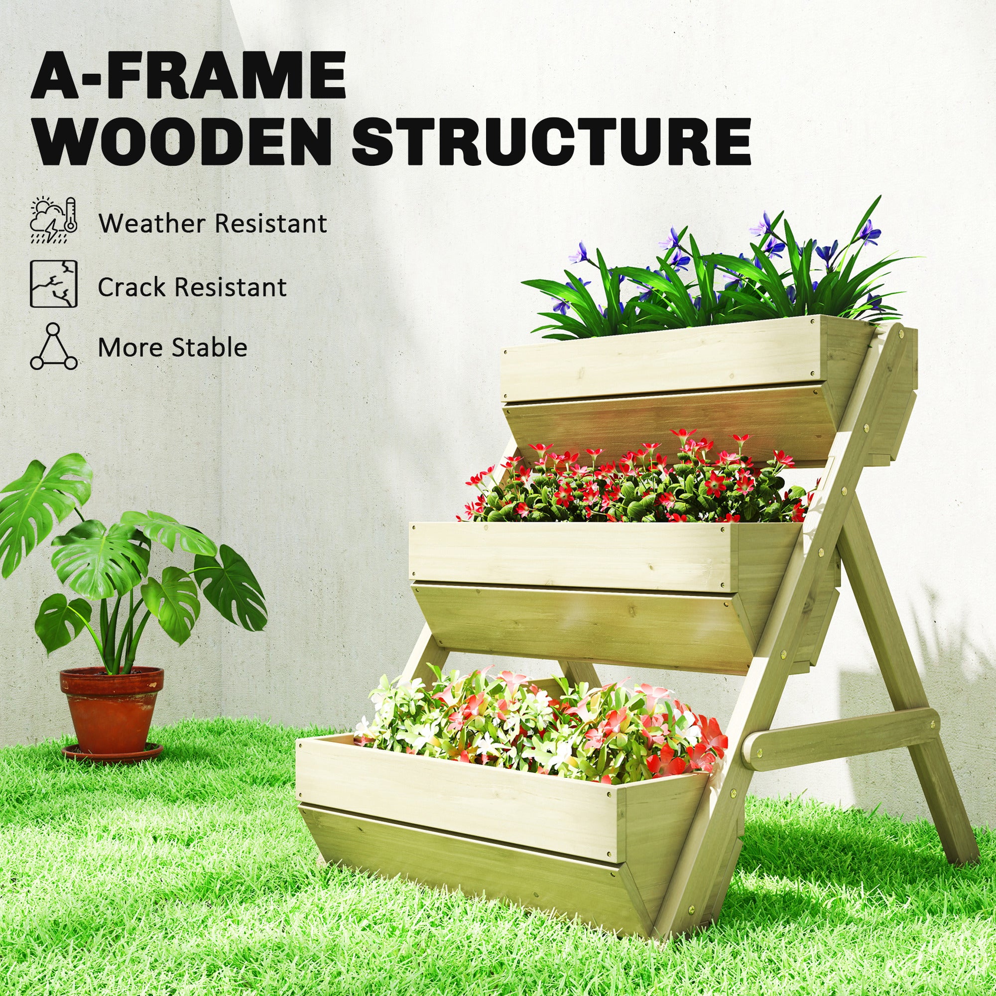 Outsunny 3 Tier Raised Garden Bed Wooden Elevated Planter Box Kit, 66L for Flower, Vegetable, Herb, 65x75x78cm, Green