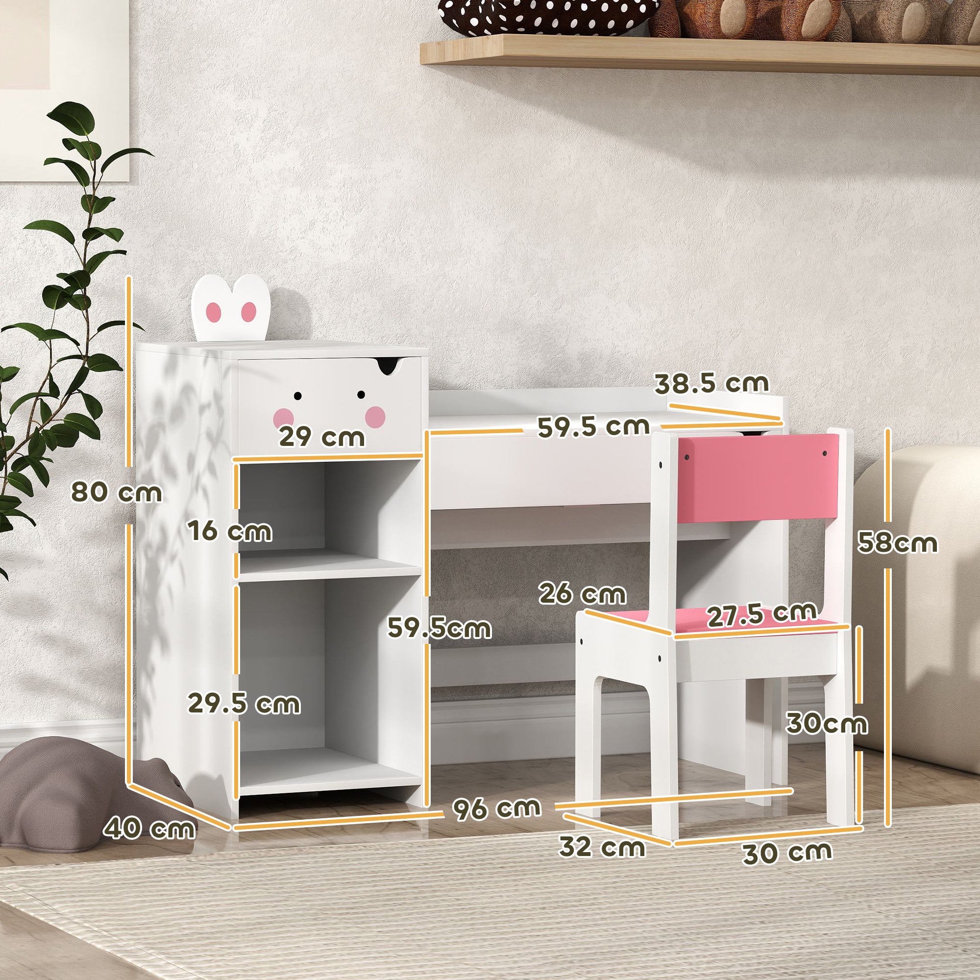 AIYAPLAY Rabbit Themed Kids Desk and Chair Set with Bookcase, Drawers, Storage Shelves, for 3-6 Years, White - North Peak Garden Furniture