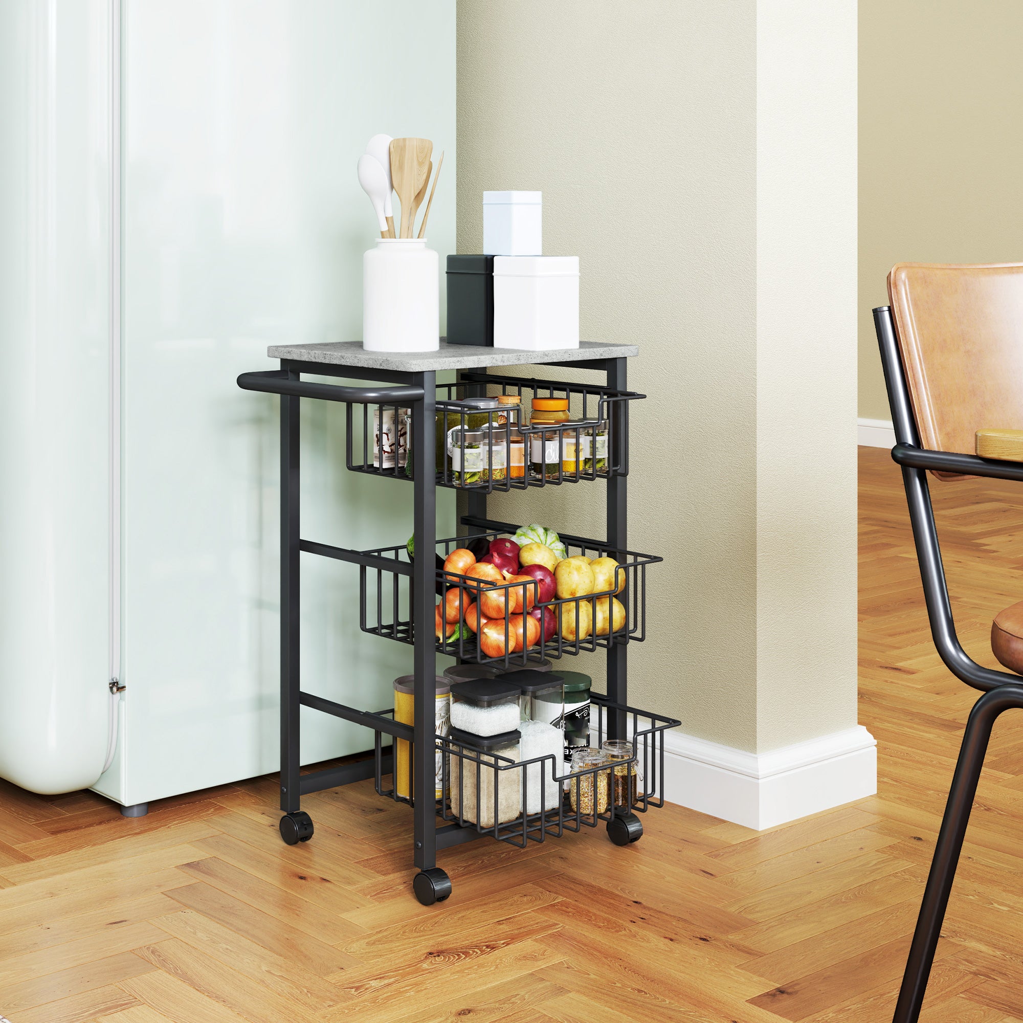 HOMCOM Three Basket Mobile Kitchen Island, with Brakes - Grey/Black - North Peak Garden Furniture