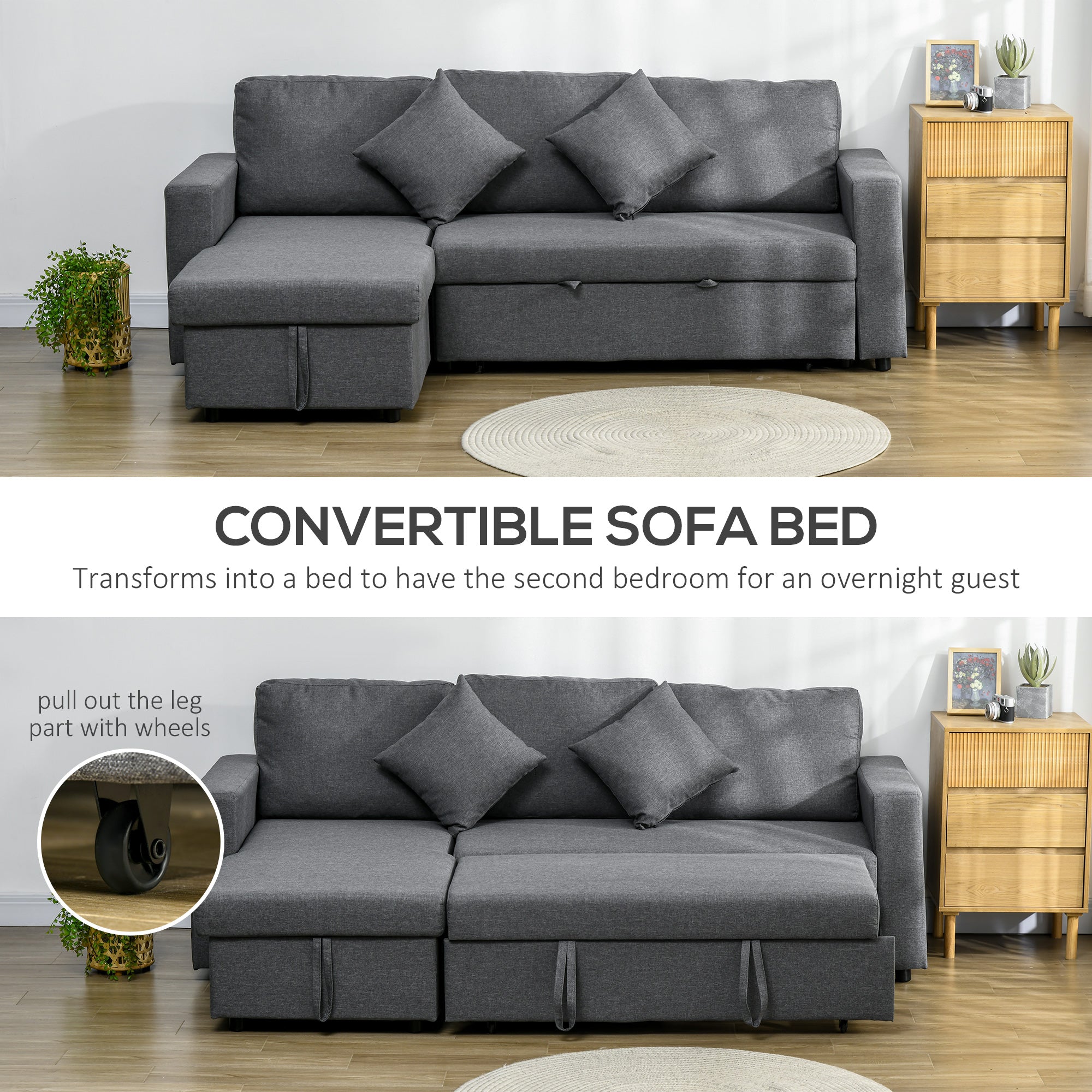 HOMCOM Corner Sofa Bed with Storage, 3 Seater Pull Out Sofa Bed, Convertible L Shape Sofa Couch with Reversible Chaise Lounge for Living Room, Dark Grey - North Peak Garden Furniture