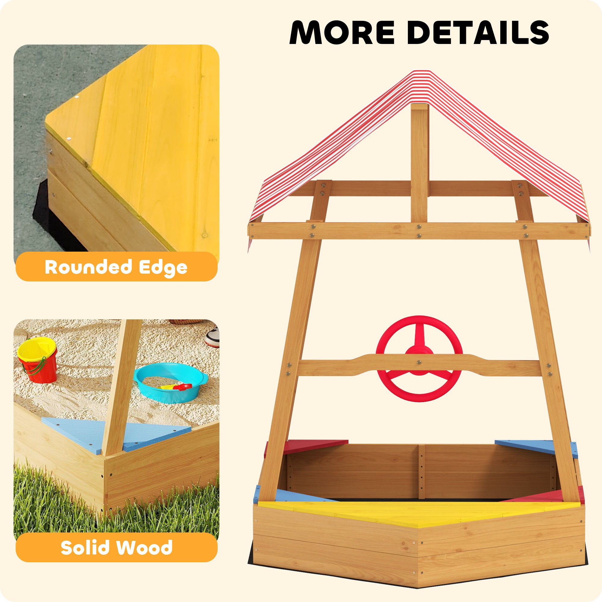 AIYAPLAY Wooden Kids Sandpit Boat Style with Canopy, 4 Seats, Rudder, Bottom Liner, for Children 3-8 Years, Yellow - North Peak Garden Furniture