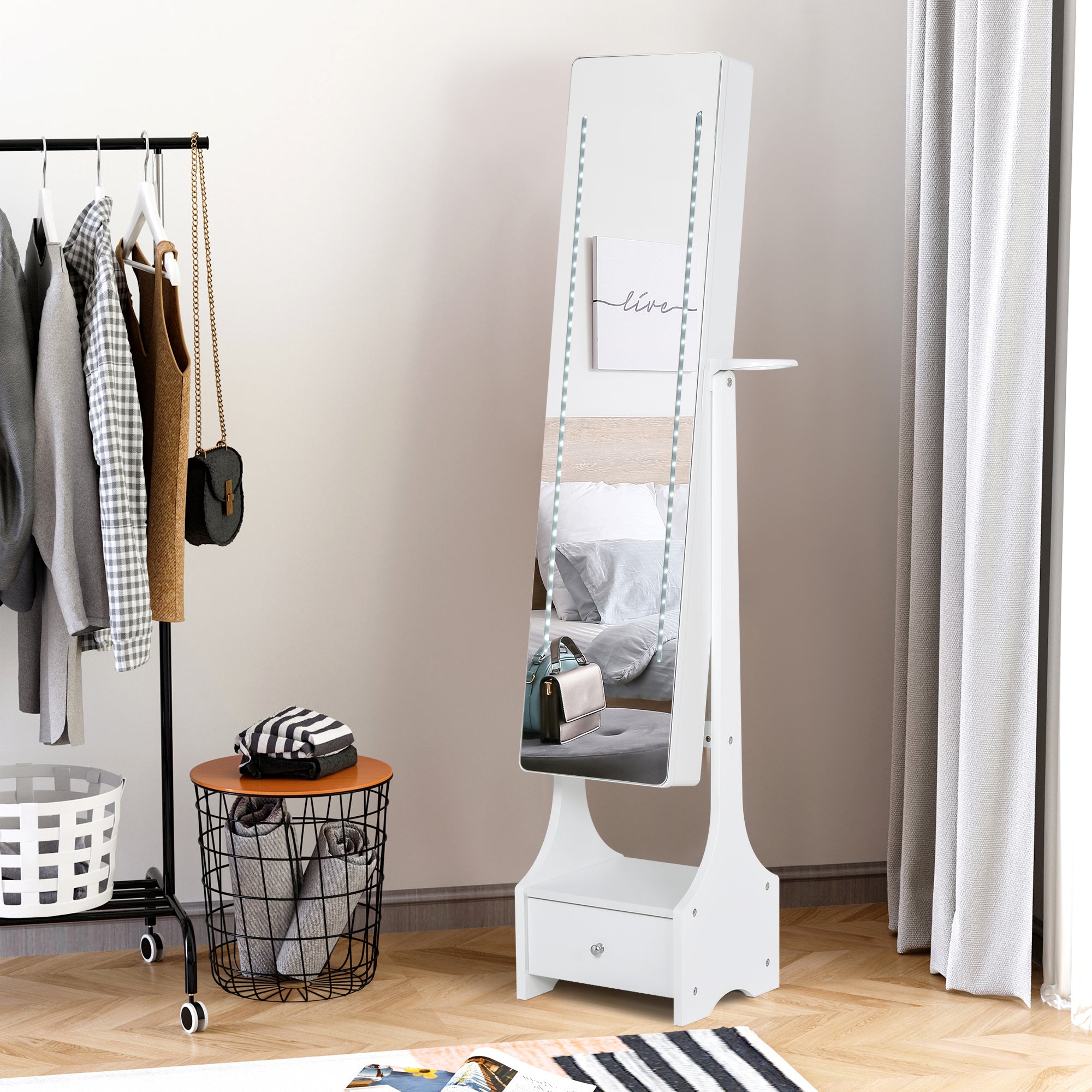 HOMCOM Jewellery Cabinet, Full Length Mirror with Storage, Free Standing Mirror with LED Lights, Hooks, Drawer and Hairdryer Holder for Bedroom, White - North Peak Garden Furniture