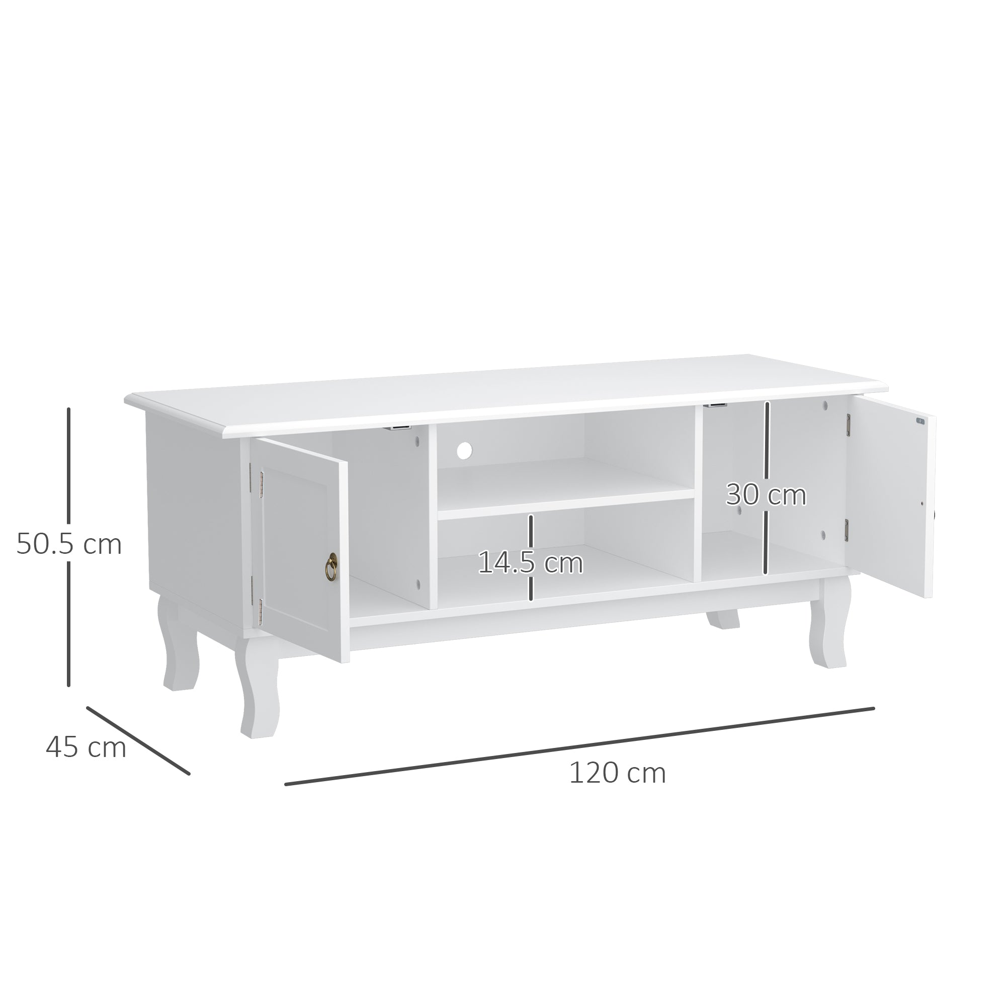 HOMCOM TV Stand for TV up to 55", 2 Doors TV Cabinet with Open Storage Shelves and Cable Management, TV Table Unit for Living Room Bedroom Entertainment Room, 120L x 45W x 50.5H, White