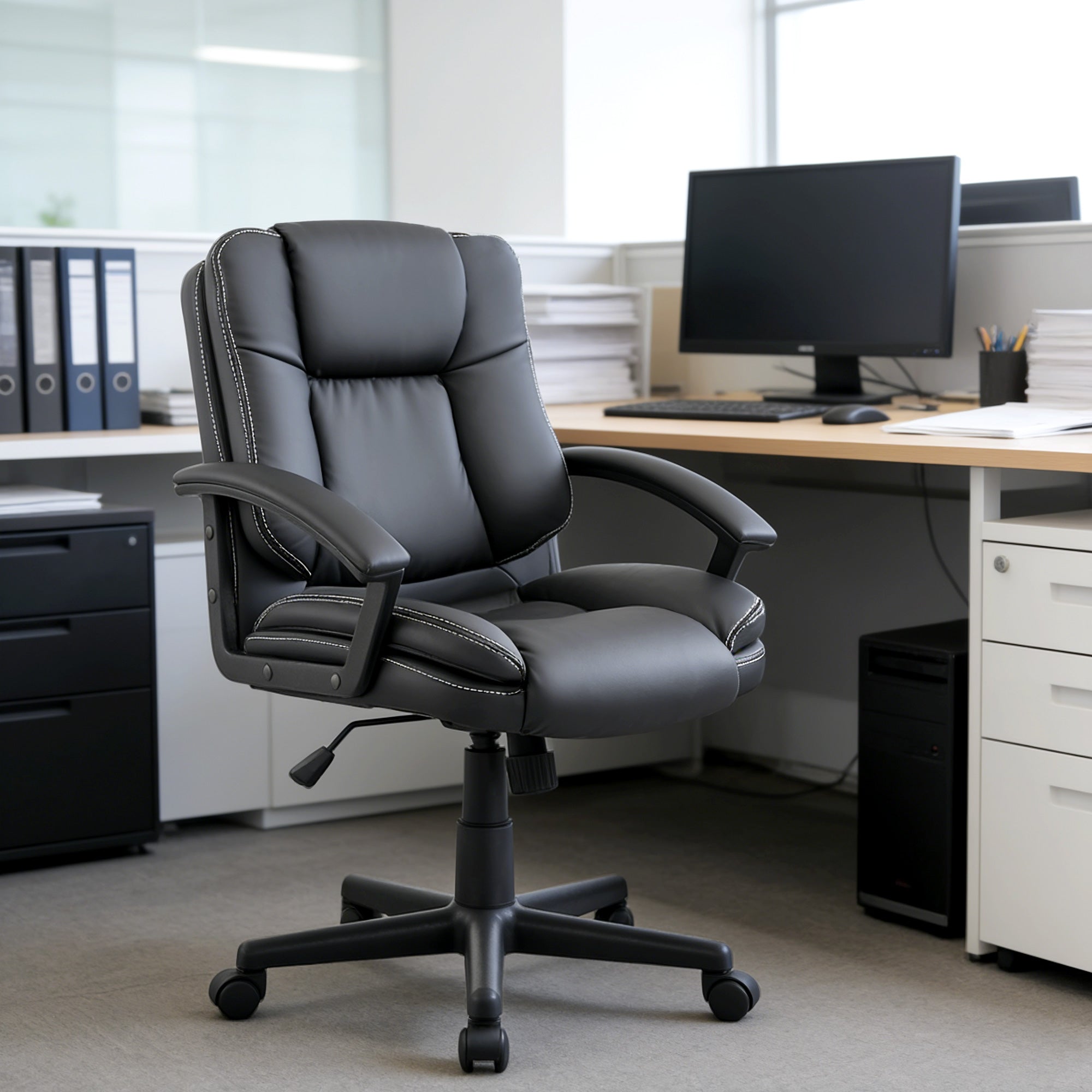 HOMCOM Office Chair, Faux Leather Computer Desk Chair, Mid Back Executive Chair with Adjustable Height and Swivel Rolling Wheels for Home Study, Black