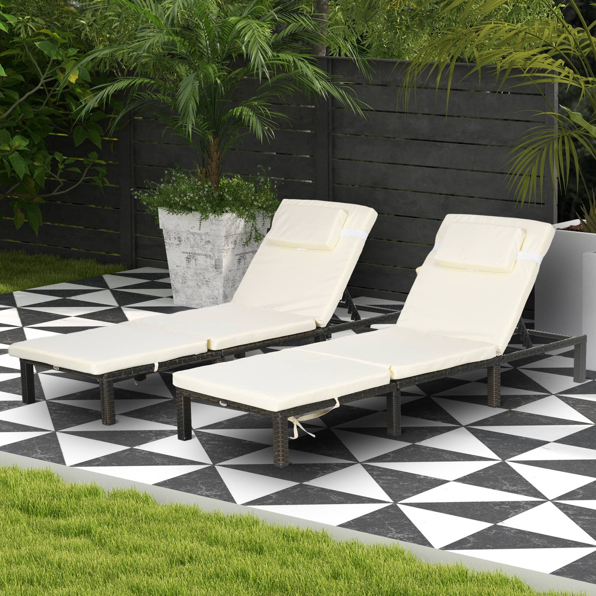 Outsunny Set of Two Reclining Rattan Sun Loungers, with Cushions - Brown/Cream - North Peak Garden Furniture