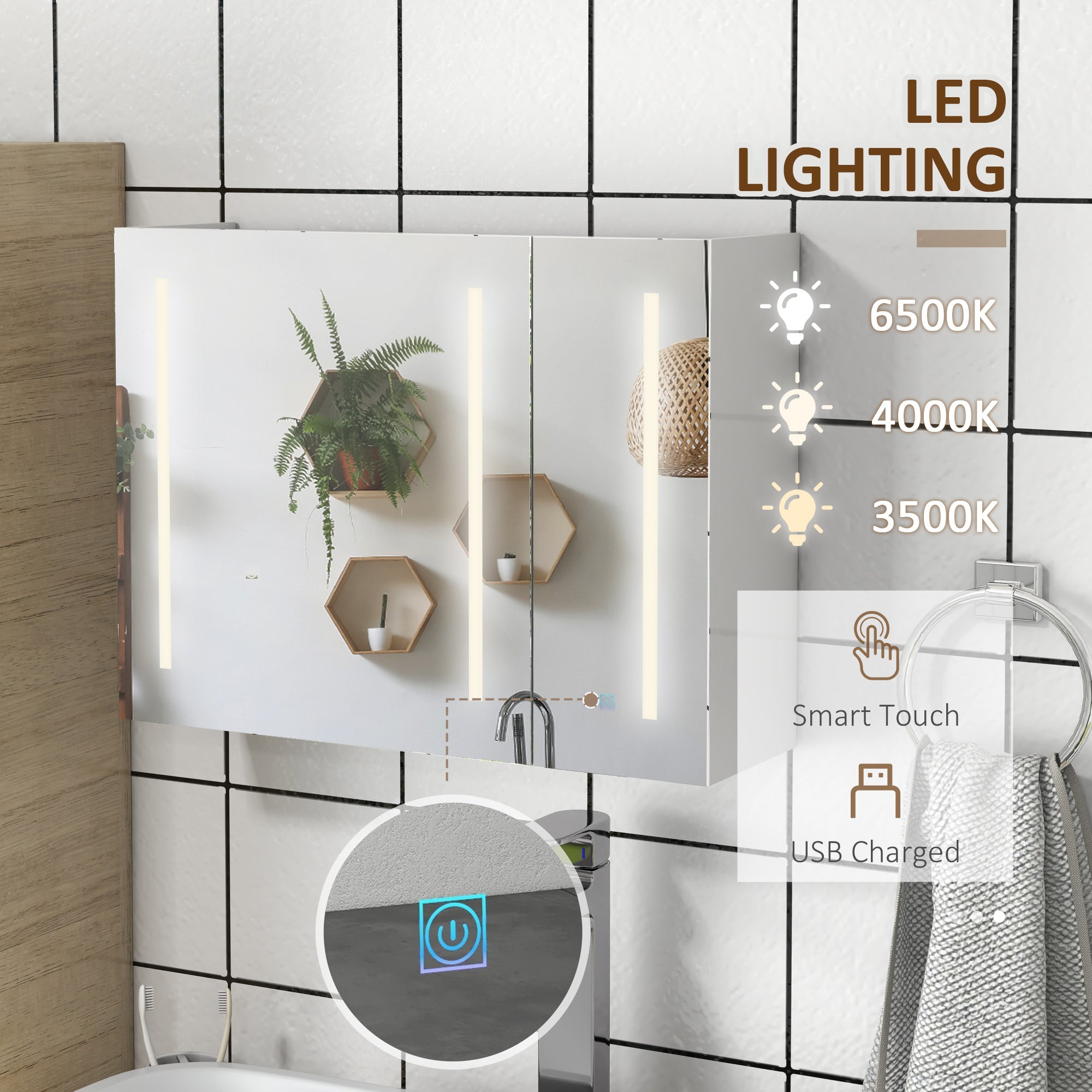 kleankin Bathroom Mirror Cabinet with Light, Bathroom Storage Cupboard with USB Charge, Adjustable Shelf, 90x15x70cm, White - North Peak Garden Furniture