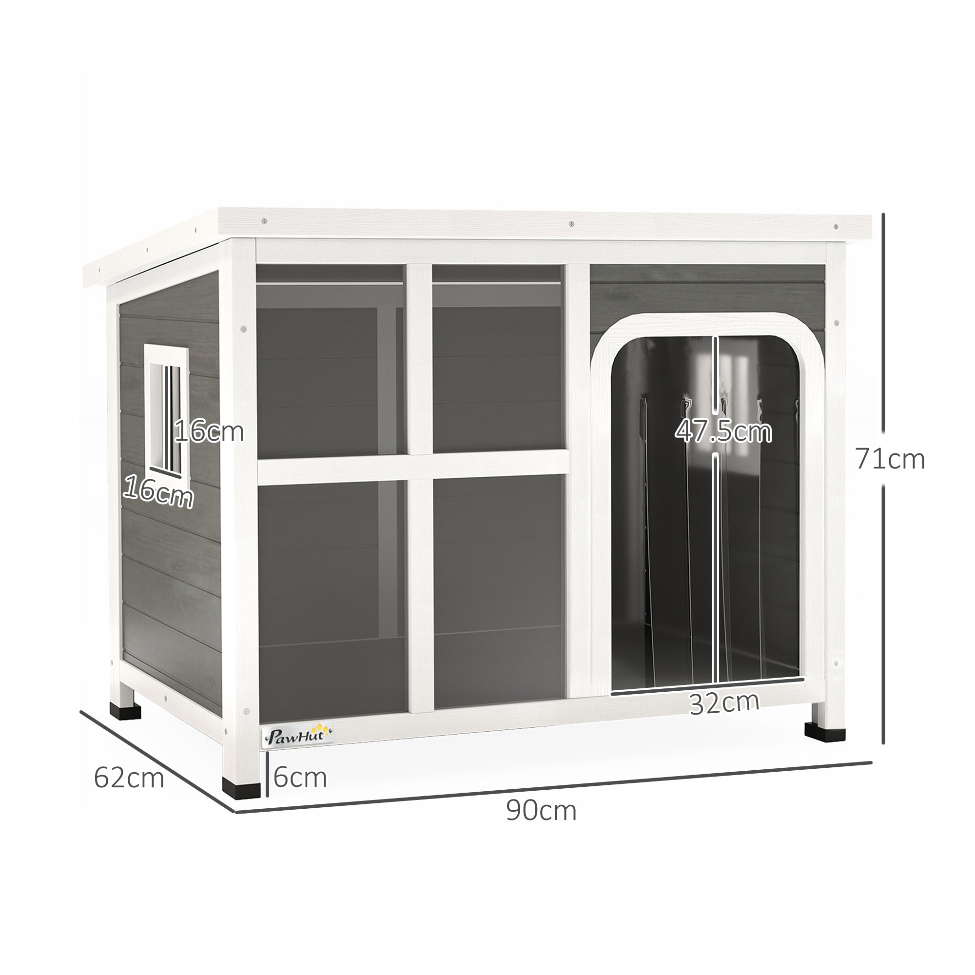 PawHut Wooden Dog House Outdoor with Asphalt Openable Top, Removable Floor, Clear Front Panel, Curtain, 90 x 62 x 71cm - North Peak Garden Furniture
