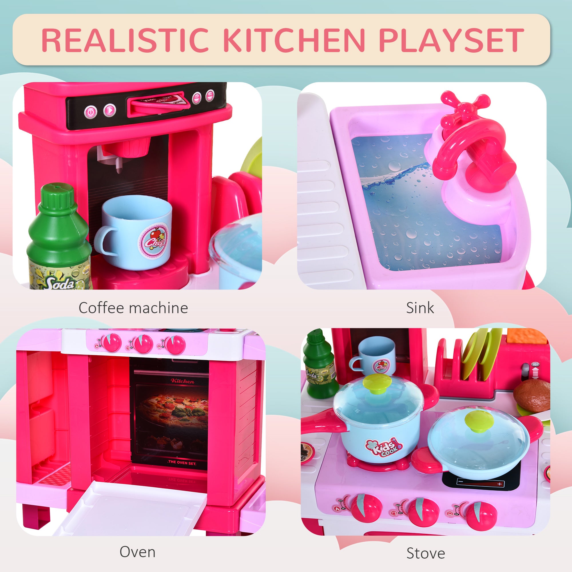 HOMCOM 38 Pcs Kids Children Kitchen Play Set w/ Realistic Sounds Lights Food Utensils Pots Pans Appliances Toy Game Pink - North Peak Garden Furniture