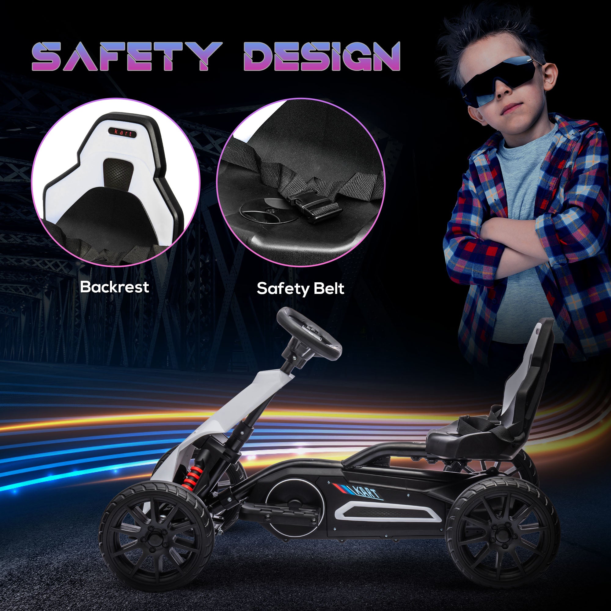 HOMCOM 12V Electric Go Kart for Kids, Ride-On Racing Go Kart with Forward Reversing, Rechargeable Battery, 2 Speeds, for Boys Girls Aged 3-8 Years Old - White - North Peak Garden Furniture
