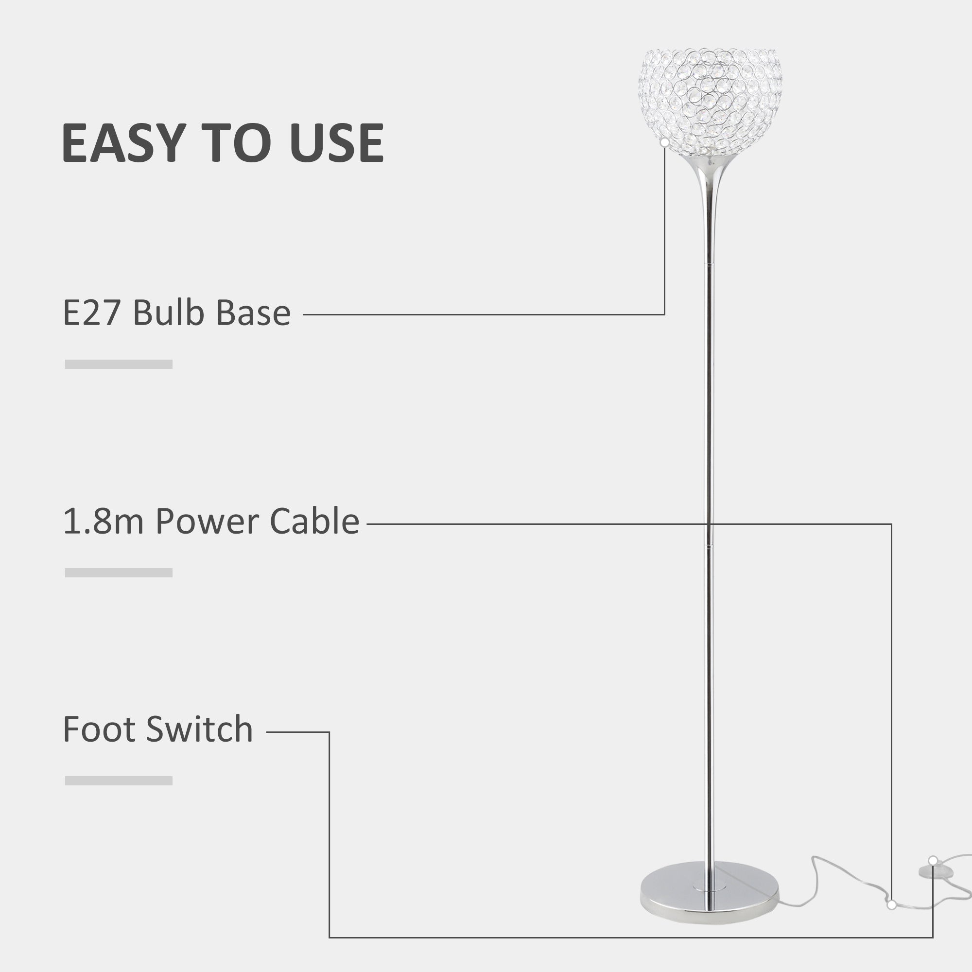 HOMCOM Modern Floor Lamp with K9 Crystal Lampshade, Tall Standing Lamp with E27 Bulb Base and Foot Switch for Living Room Bedroom Study Office Silver