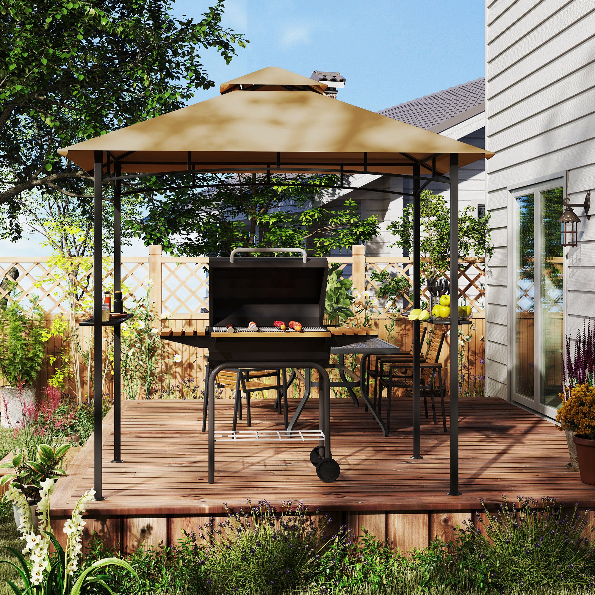 Outsunny 2.5M (8ft) New Double-Tier BBQ Gazebo Shelter Grill Canopy Barbecue Tent Shelter Patio Deck Cover - Khaki - North Peak Garden Furniture