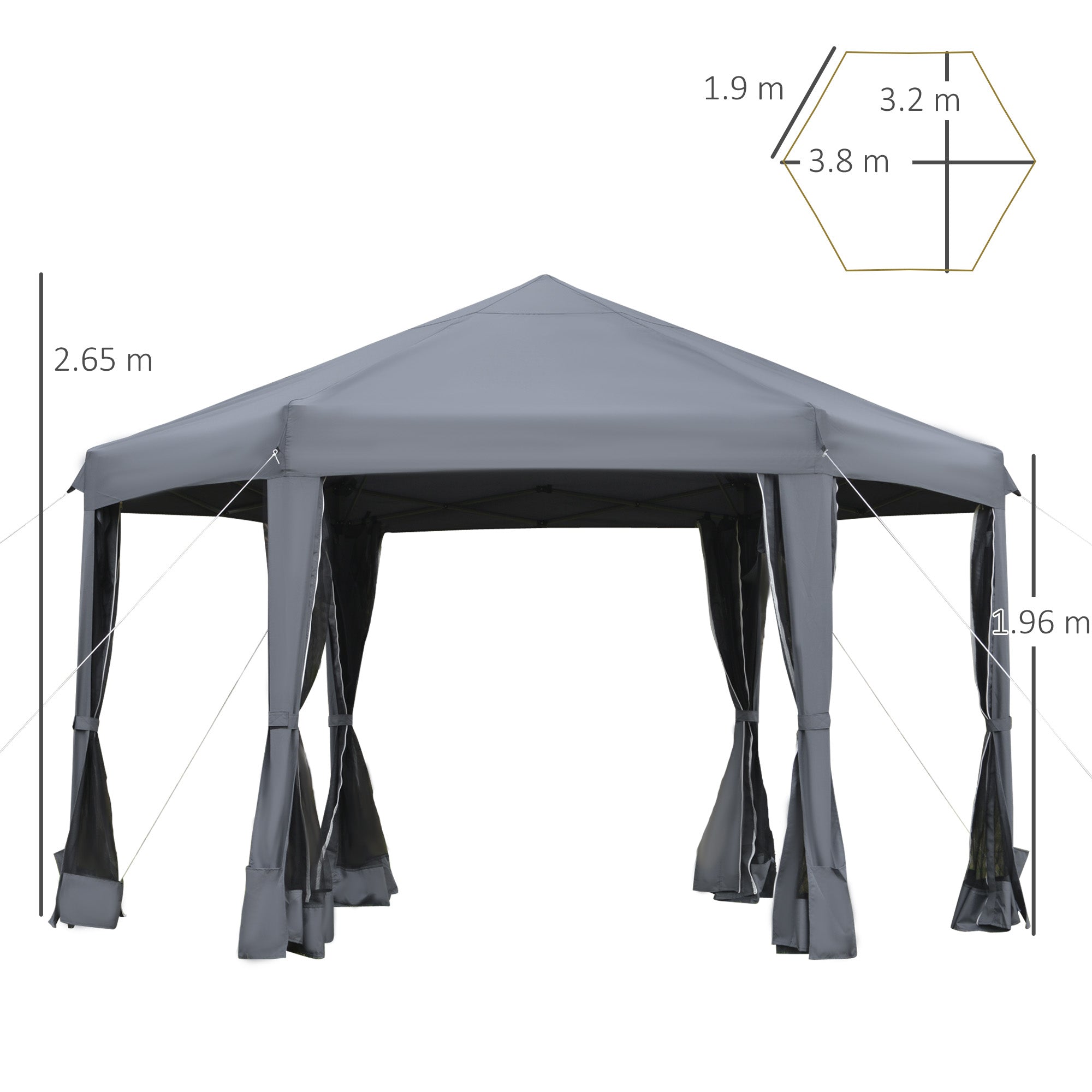 Outsunny 3.2m Pop Up Gazebo Hexagonal Canopy Tent Outdoor Sun Protection with Mesh Sidewalls, Handy Bag, Grey - North Peak Garden Furniture