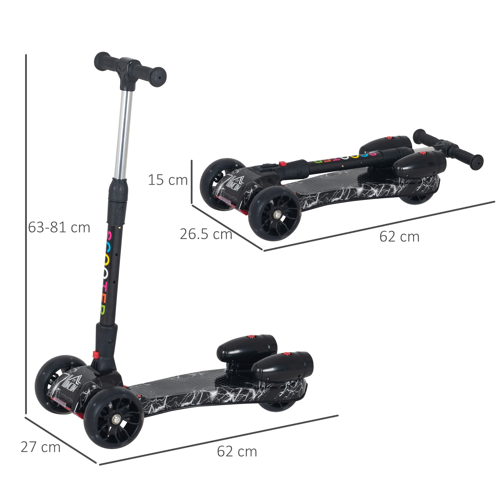 HOMCOM Kids 3 Wheel Plastic Scooter Adjustable Height w/ Engine-Look Water Spray Black