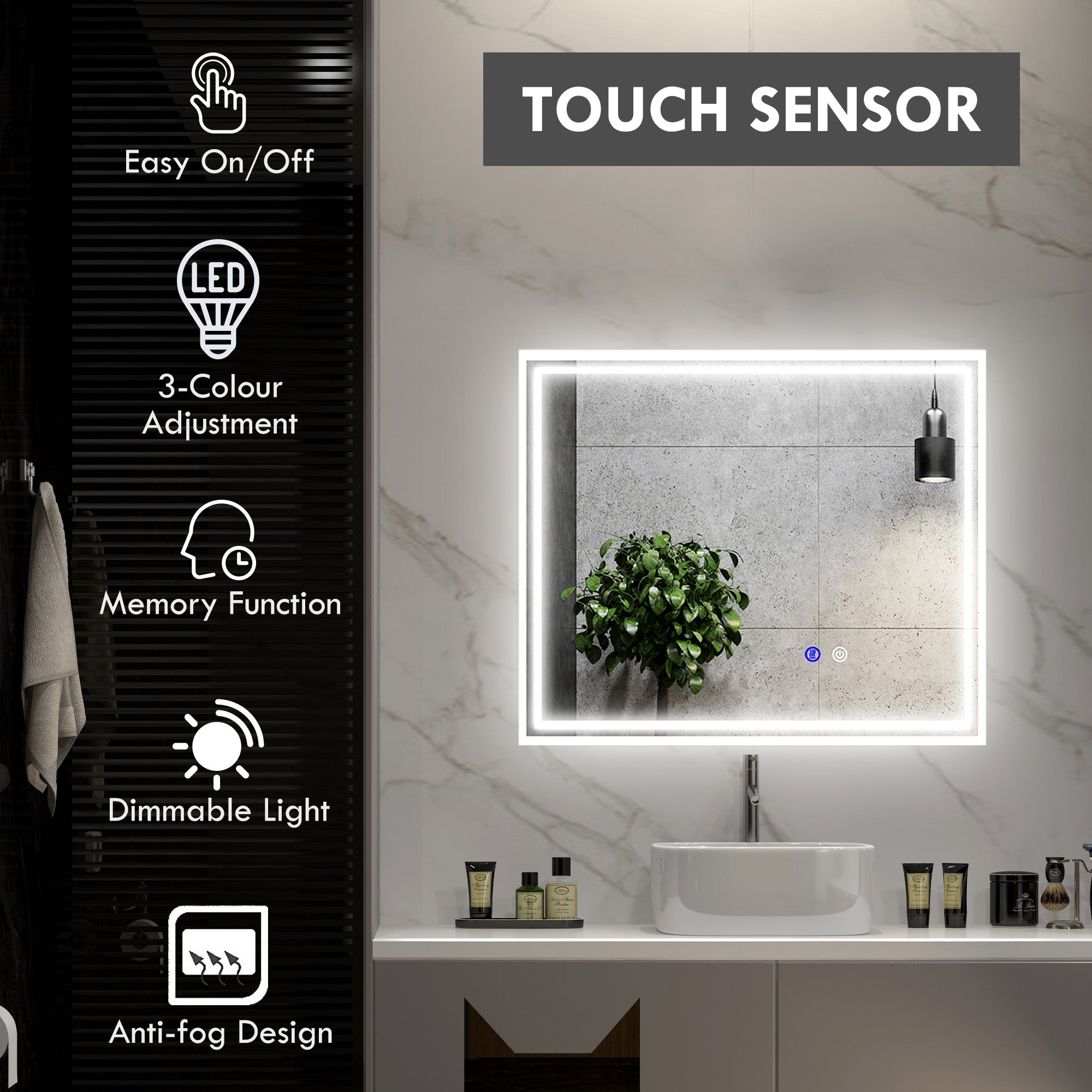 kleankin LED Bathroom Mirror with Lights, Illuminated Makeup Mirror, Vanity Mirror with 3 Colour, Smart Touch, Anti-Fog - North Peak Garden Furniture