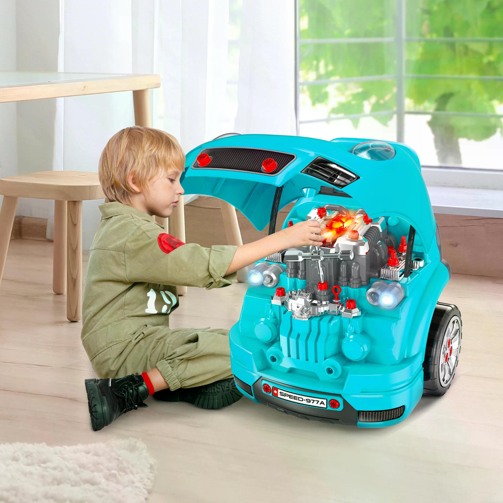 HOMCOM Kids Truck Engine Toy Set, with Horn, Light, Car Key, for Ages 3-5 Years - Teal