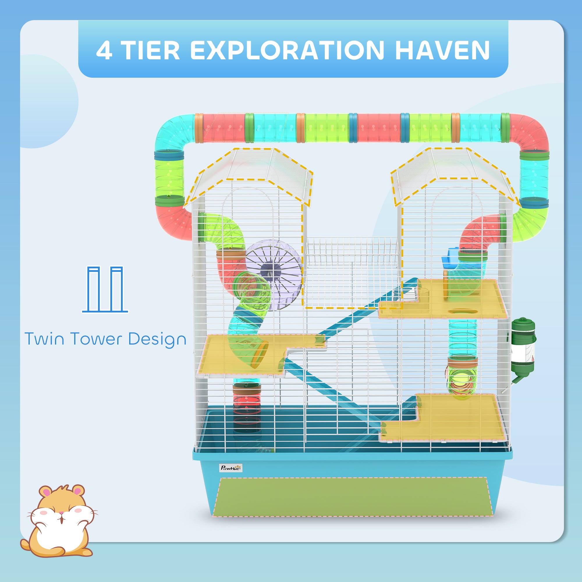 PawHut 4 Tier Hamster Cage w/ Tubes, Exercise Wheel, Hut, Water Bottle, Food Dish, Ramps, for Drawf, 58 x 36 x 65cm, Light Blue - North Peak Garden Furniture