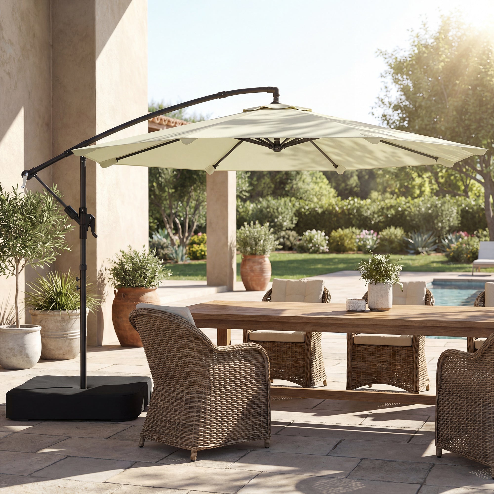 Outsunny 3 m Garden Cantilever Parasol with Cross Base, Sandbag, 360° Rotating Overhanging Banana Umbrella, Beige