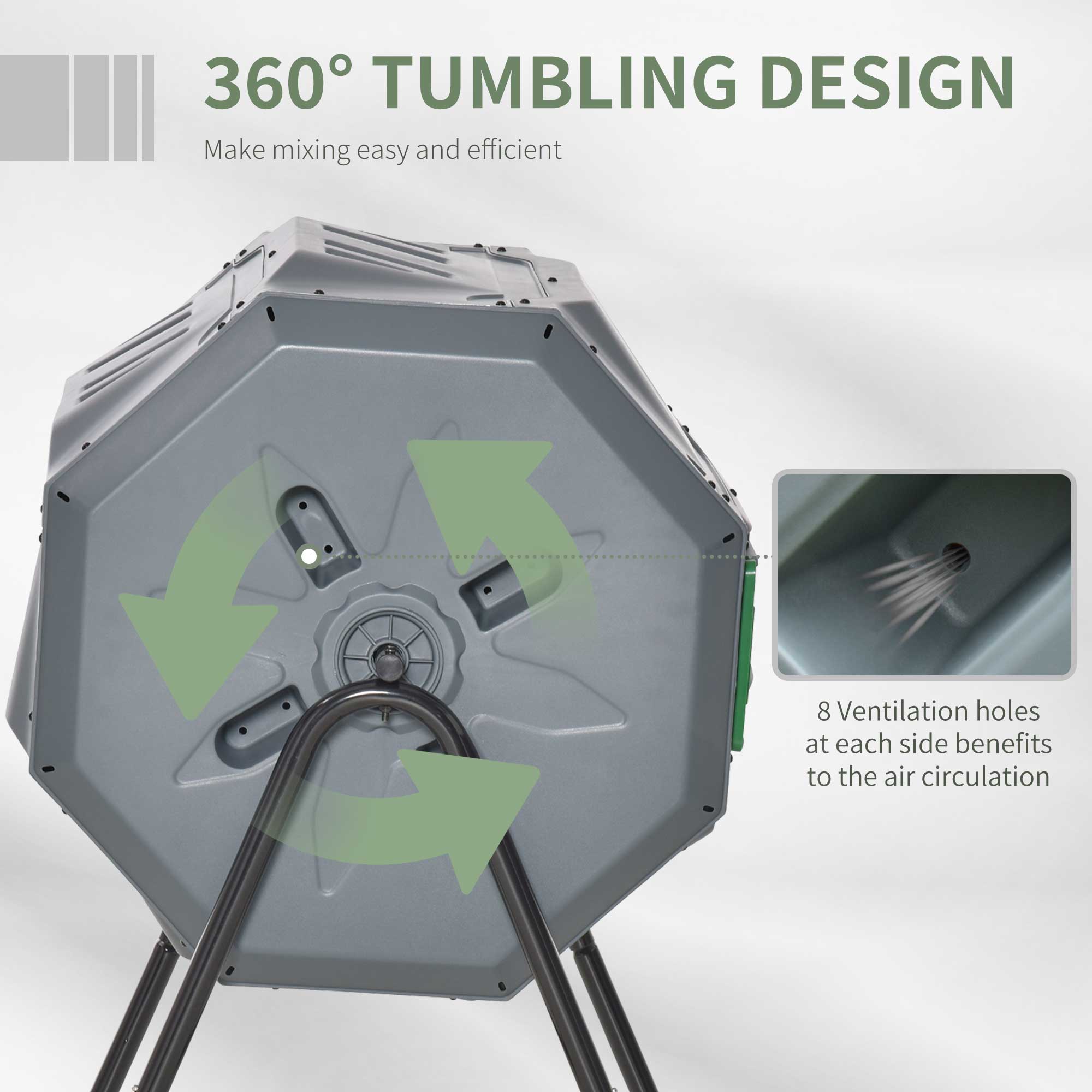 Outsunny 160L Tumbling Compost Bin Outdoor Dual Chamber 360° Rotating Composter, Garden Compost Bin w/ Sliding Doors & Solid Steel Frame, Grey - North Peak Garden Furniture