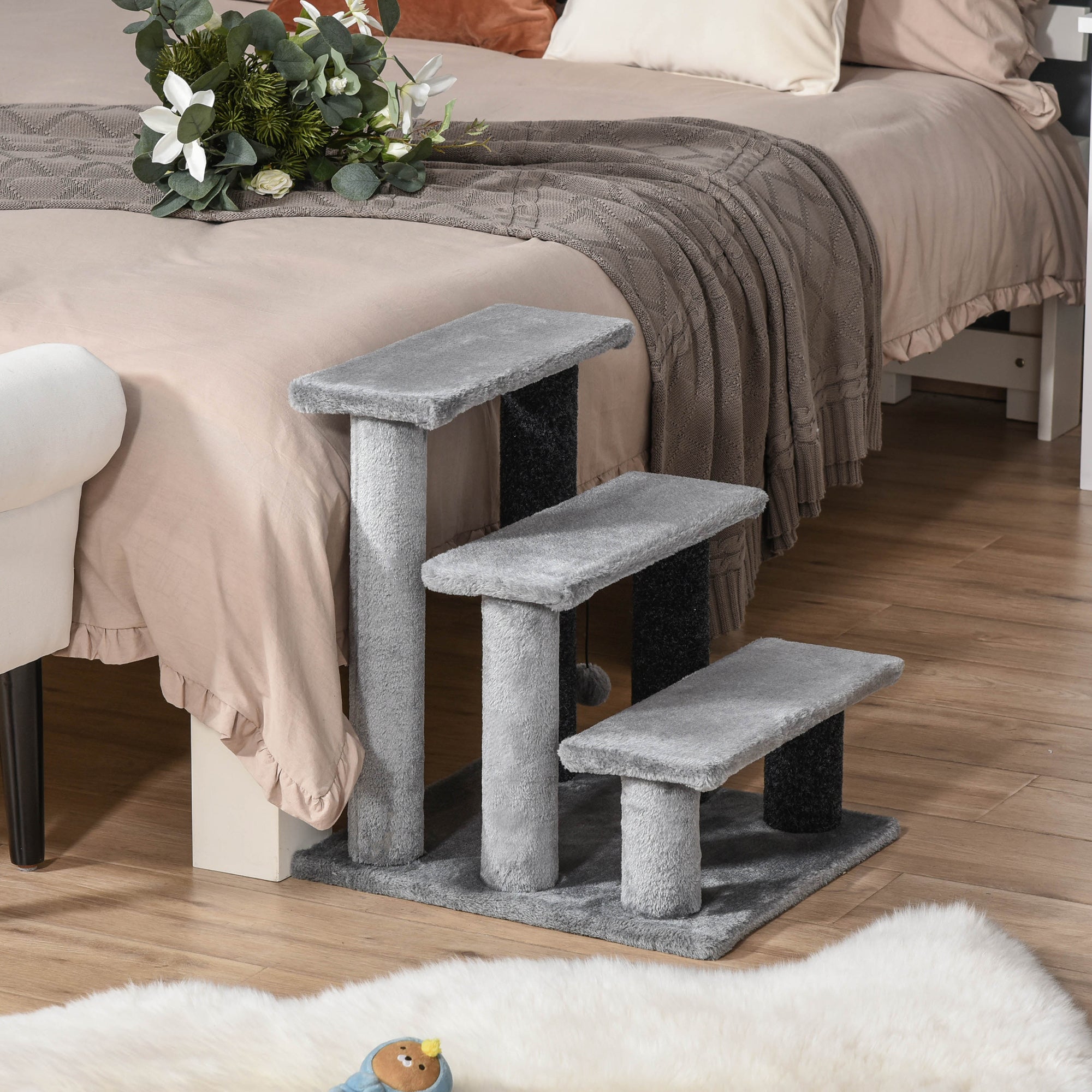 PawHut 3-step Pet Stairs with Scratching Posts, Platforms, Toy Ball, Grey