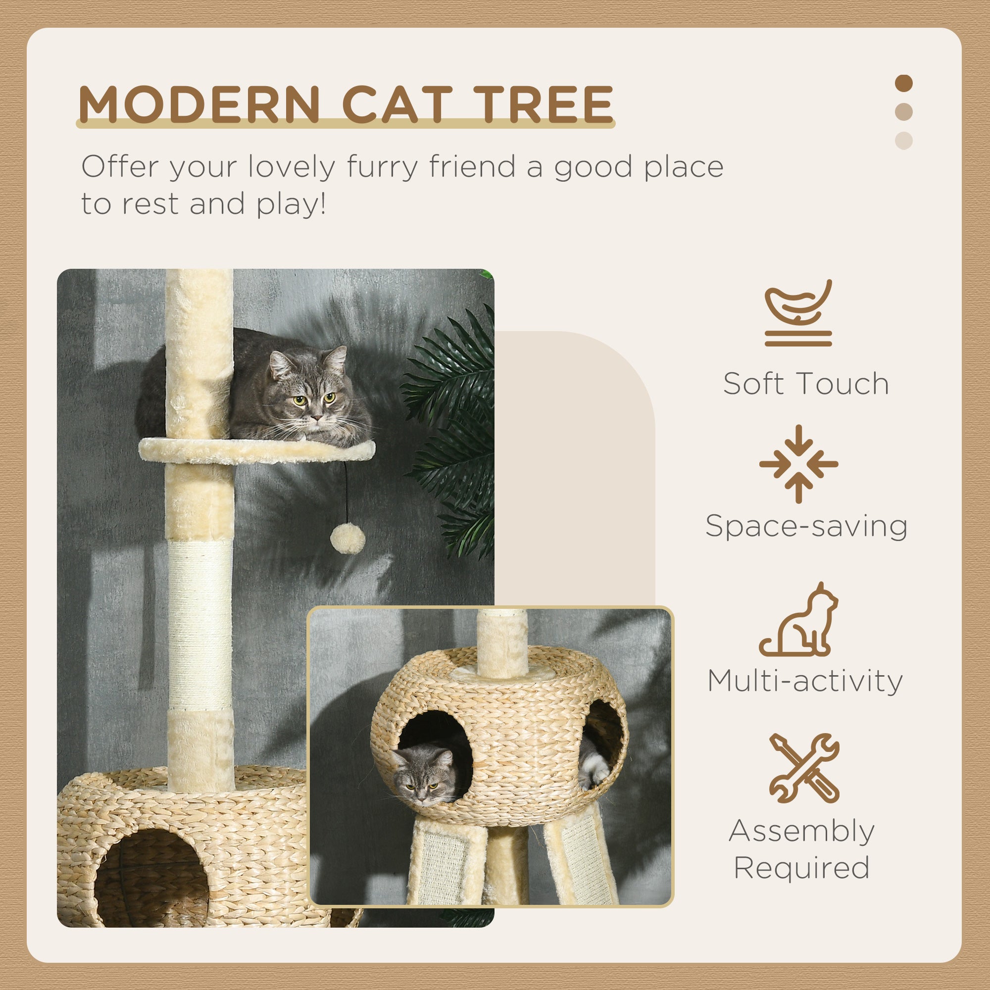 PawHut 255cm Cat Tree Tower for Indoor Cats, with Scratching Post, Cat House, Platform - Beige - North Peak Garden Furniture