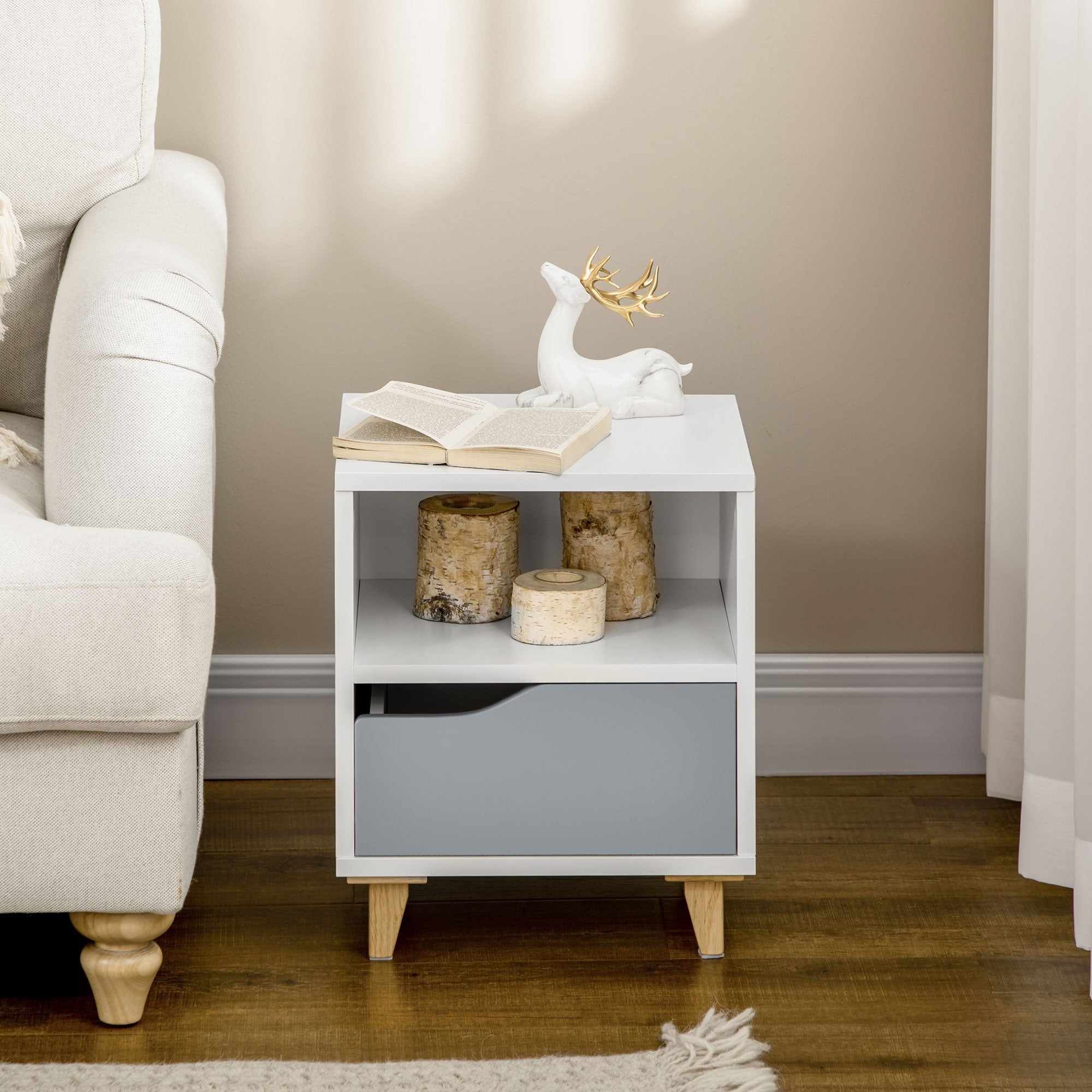 HOMCOM Modern Bedside Table, Side End Table with Shelf, Drawer and Wood Legs, 36.8cmx33cmx43.8cm, White and Grey - North Peak Garden Furniture