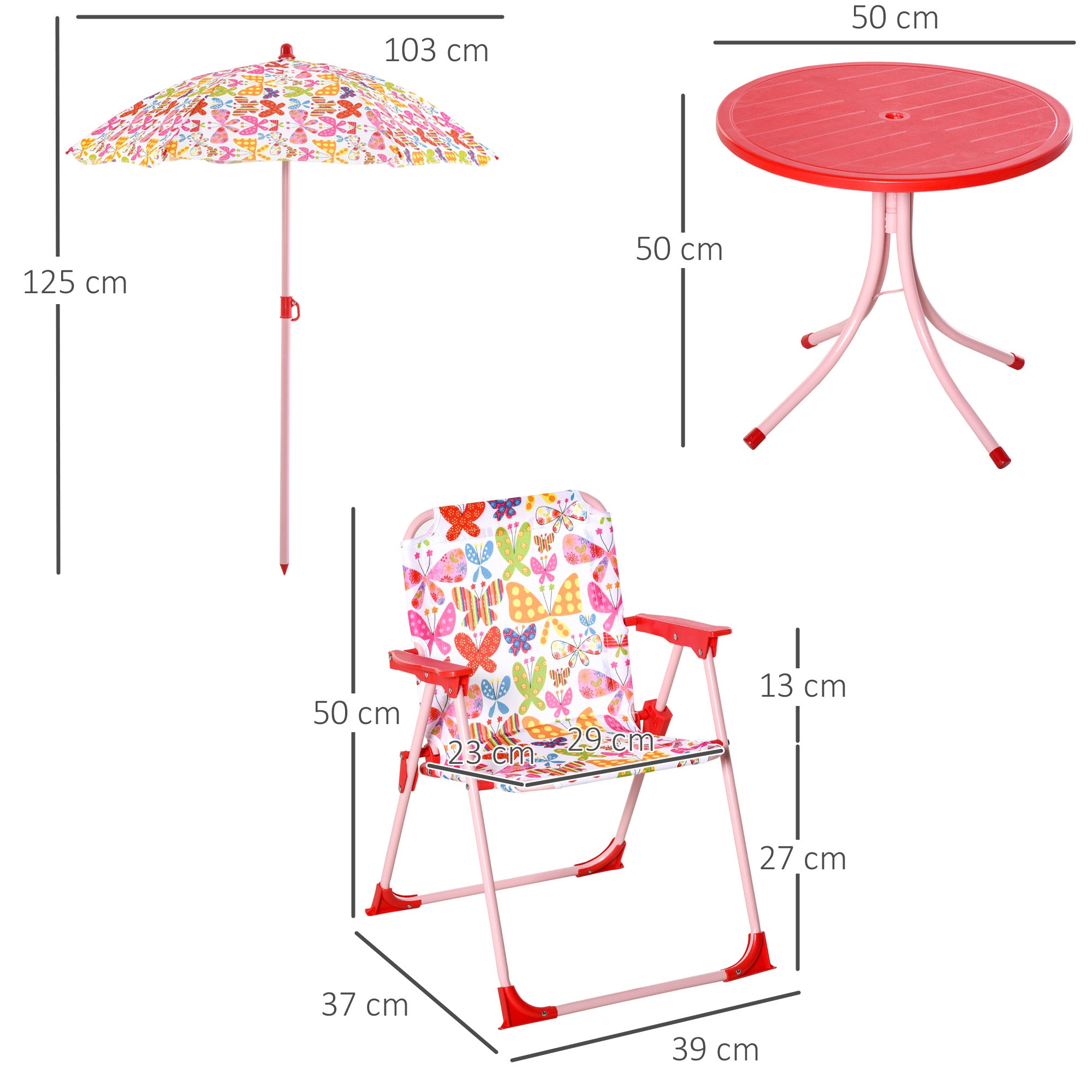 Outsunny Kids Outdoor Bistro Table and Chair Set Butterfly Pattern Garden Patio Backyard with Removable & Height Adjustable Parasol - North Peak Garden Furniture