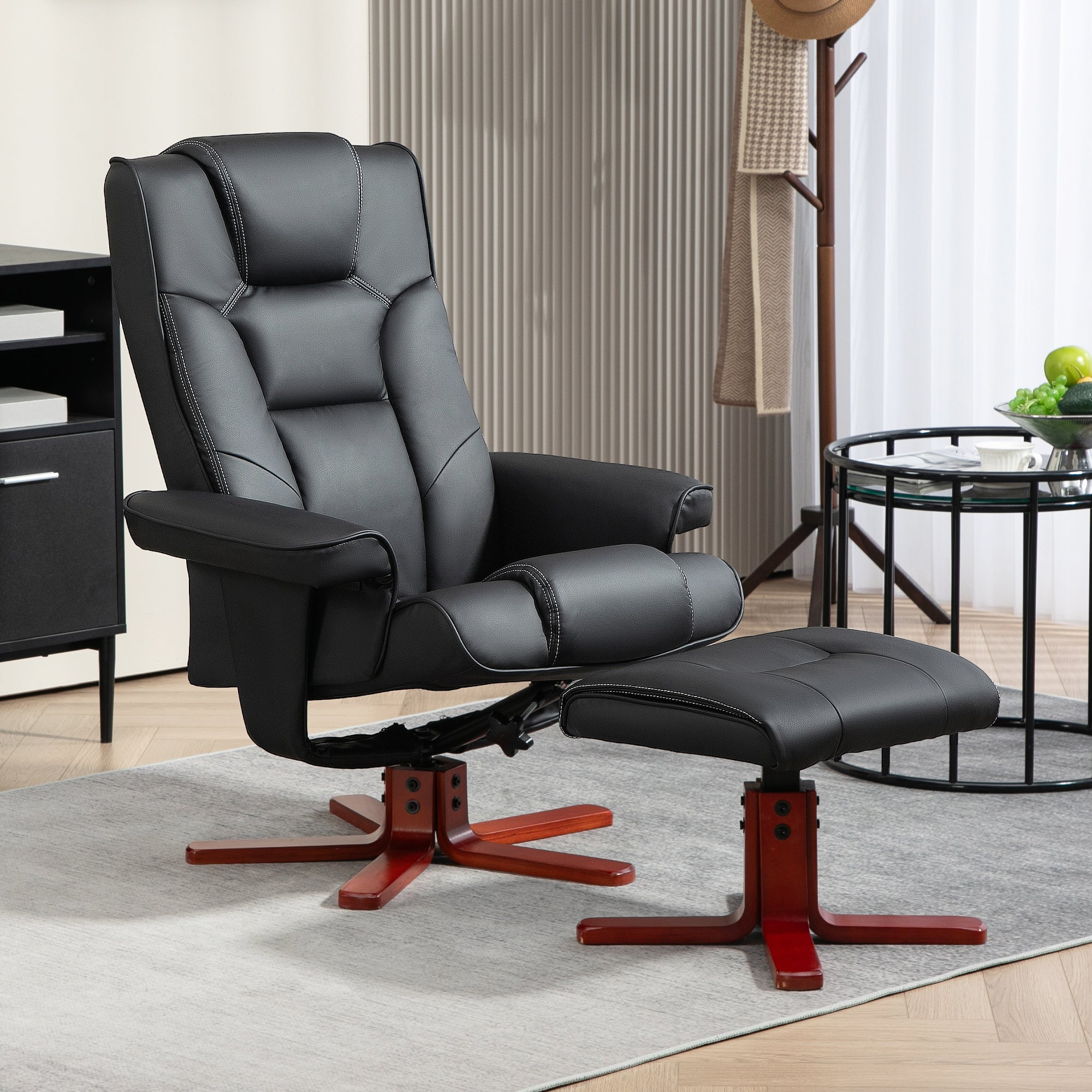 HOMCOM Faux Leather Manual Recliner and Footstool Set - Black - North Peak Garden Furniture