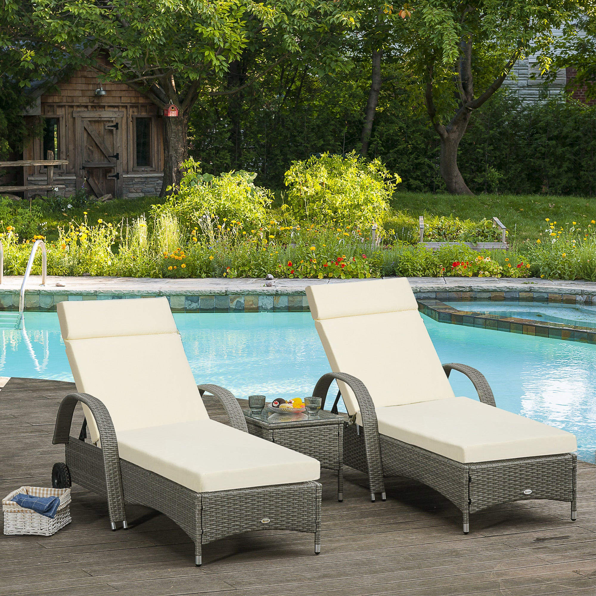 Outsunny Set of 2 Sun Lounger Cushions, Replacement Cushions for Rattan Furniture with Ties, 196 x 55 cm, Cream White - North Peak Garden Furniture